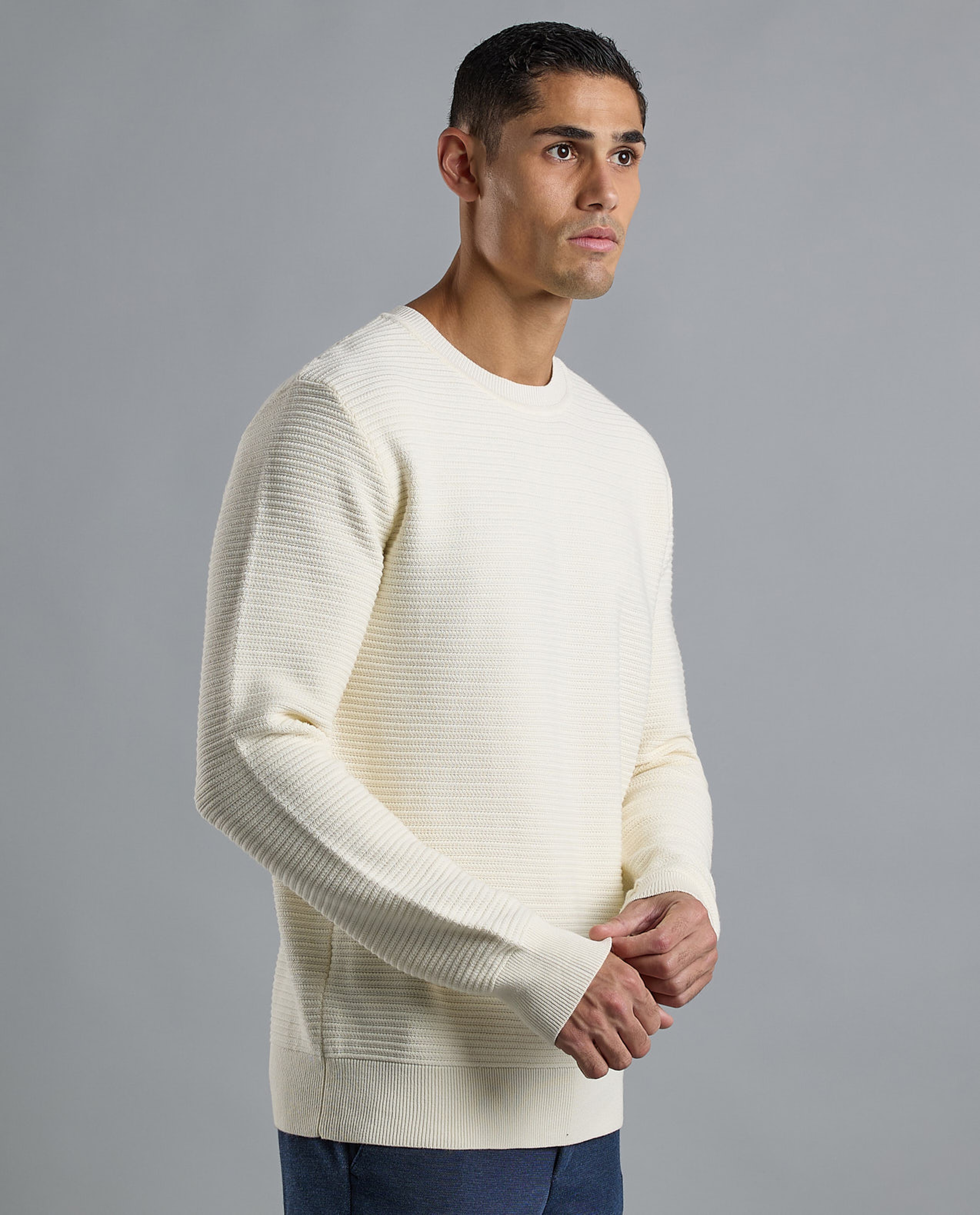Textured Sweater with Crew Neck and Long Sleeves