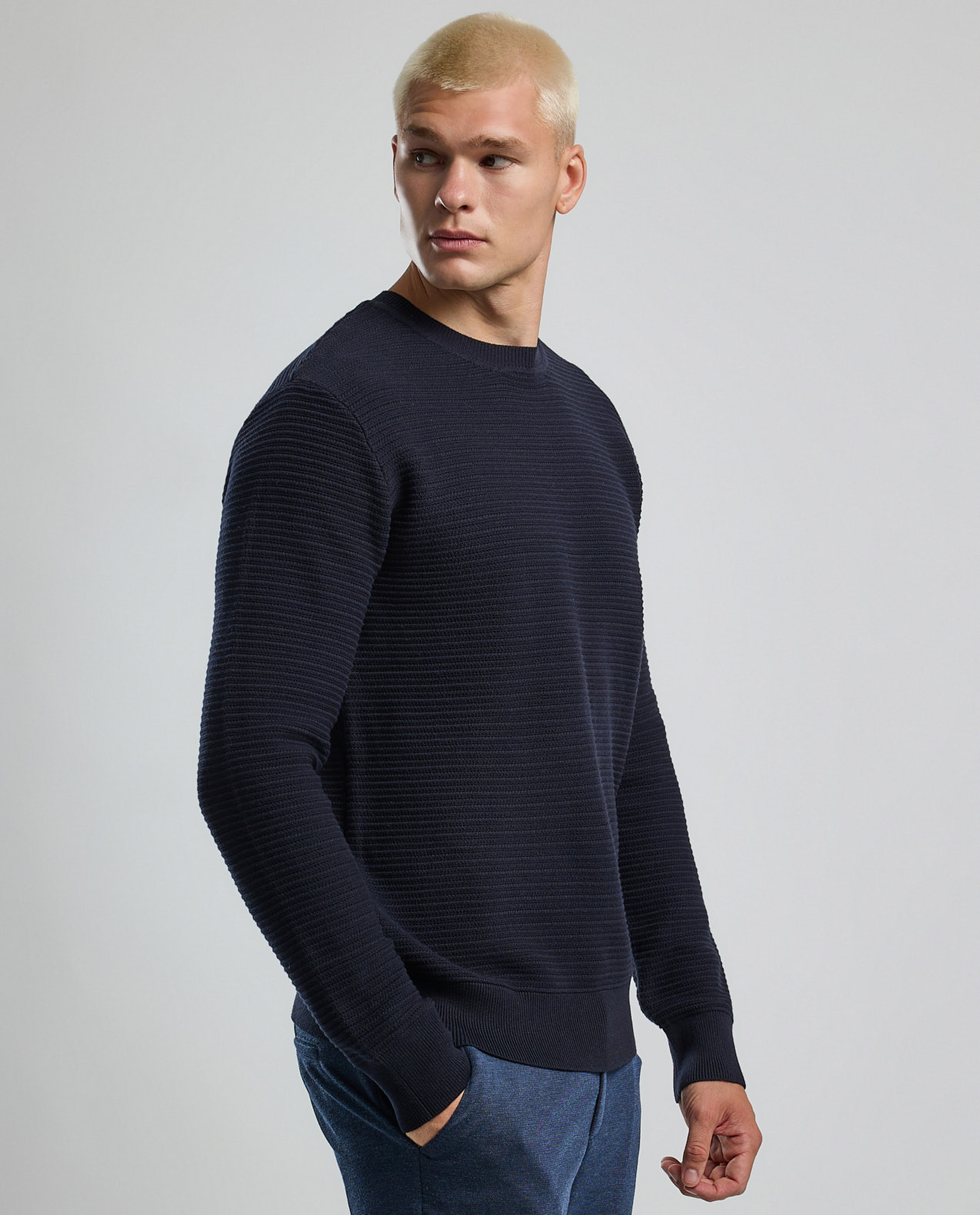 Textured Sweater with Crew Neck and Long Sleeves