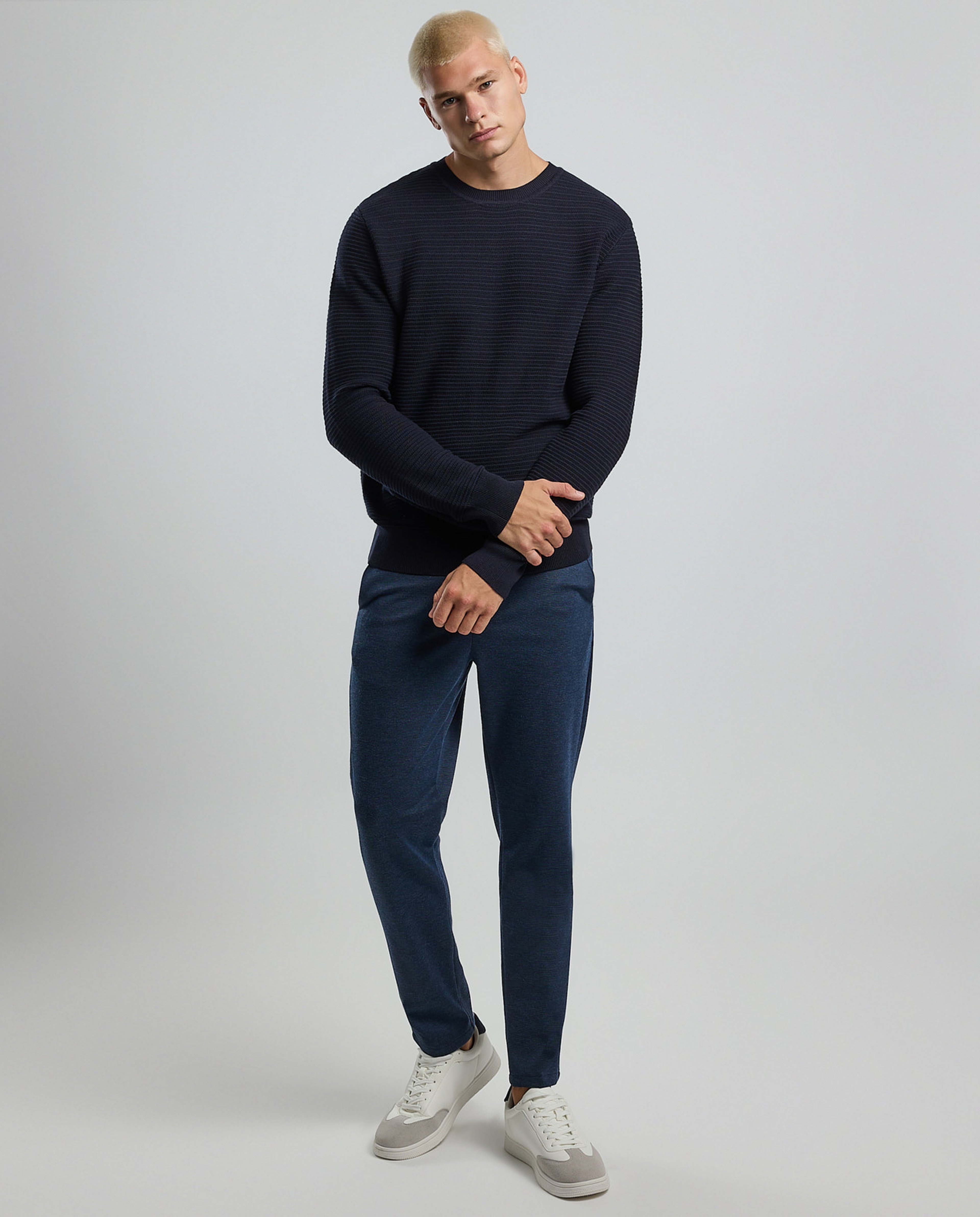 Textured Sweater with Crew Neck and Long Sleeves