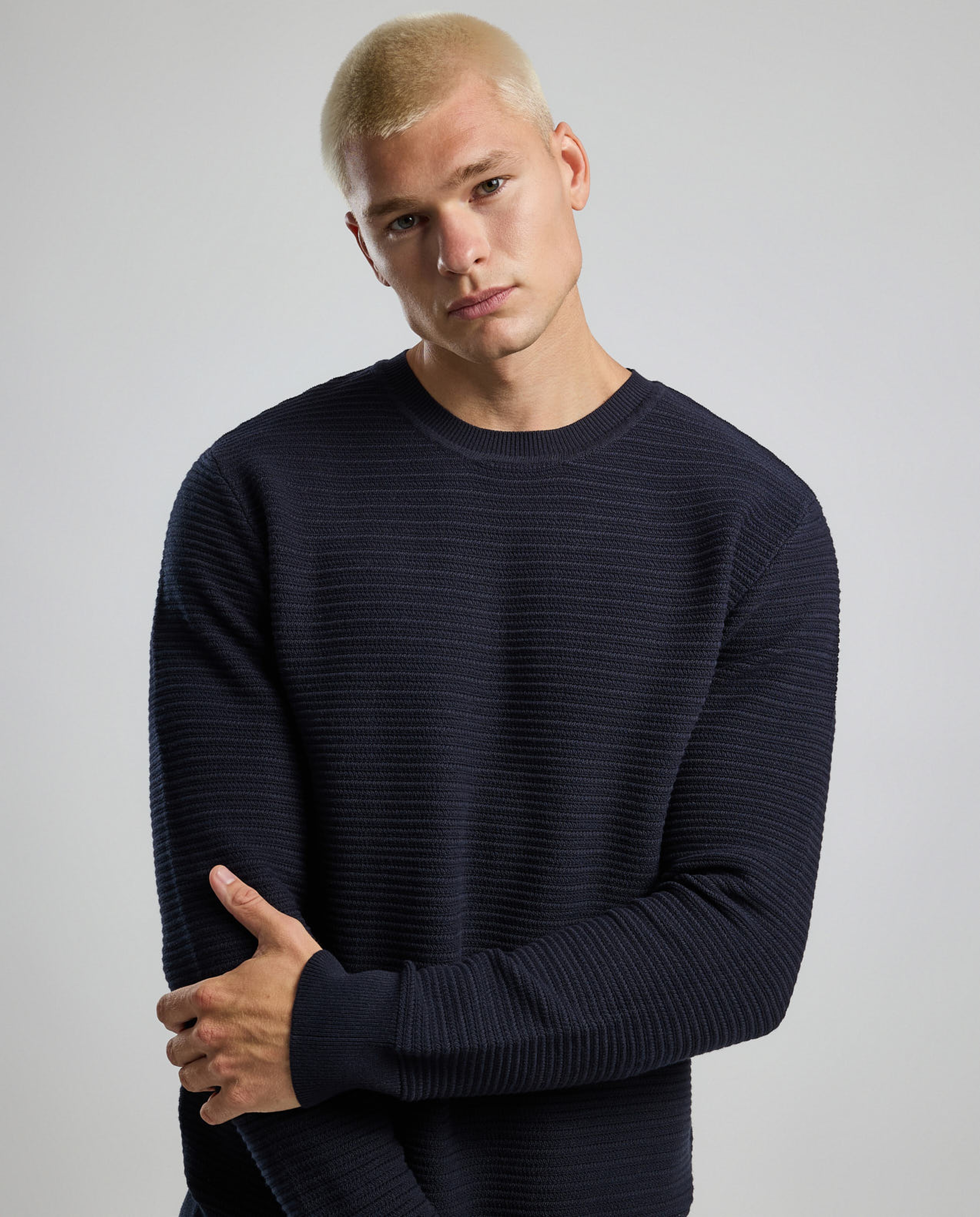 Textured Sweater with Crew Neck and Long Sleeves