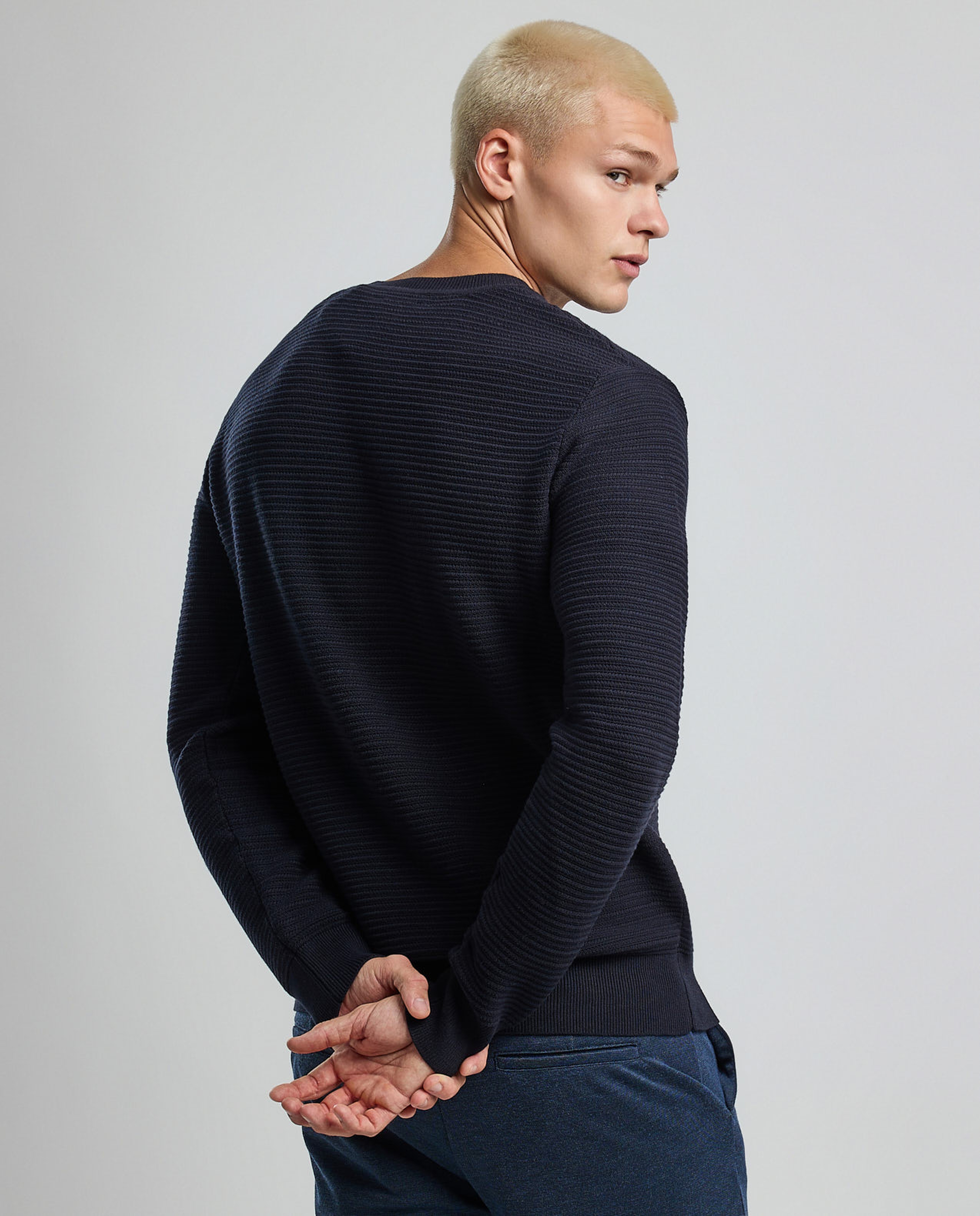 Textured Sweater with Crew Neck and Long Sleeves