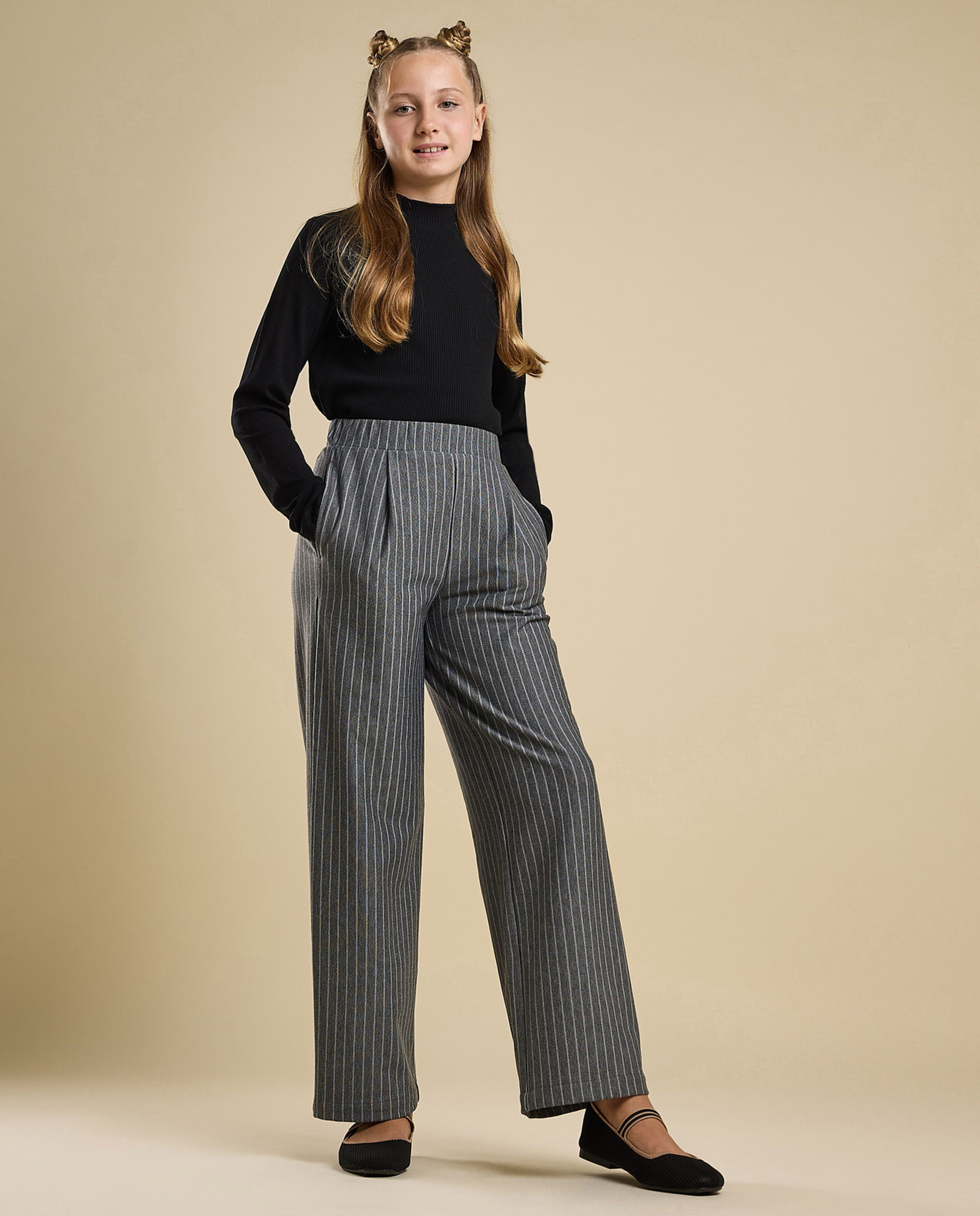 Striped Straight Pants with Elastic Waist