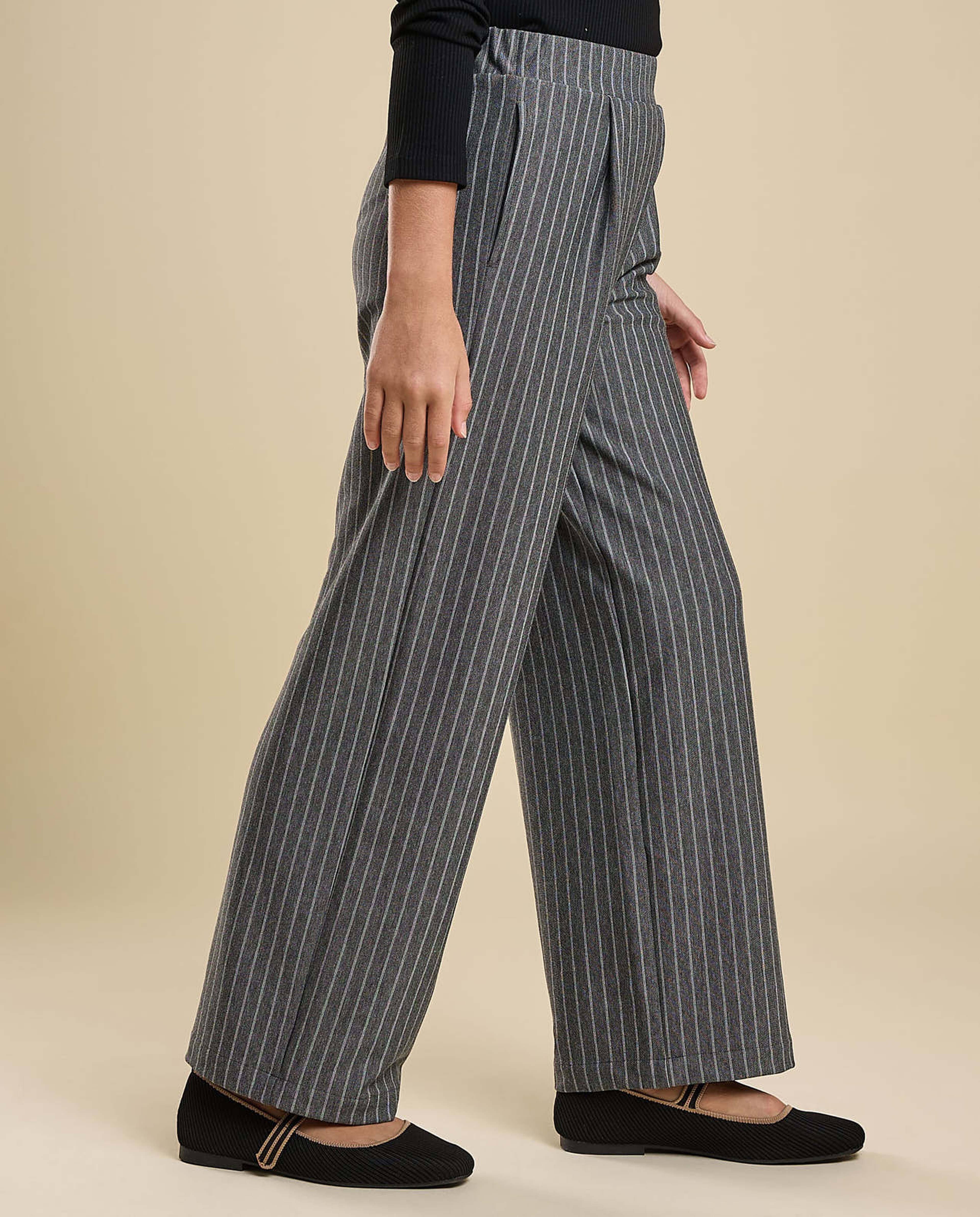 Striped Straight Pants with Elastic Waist