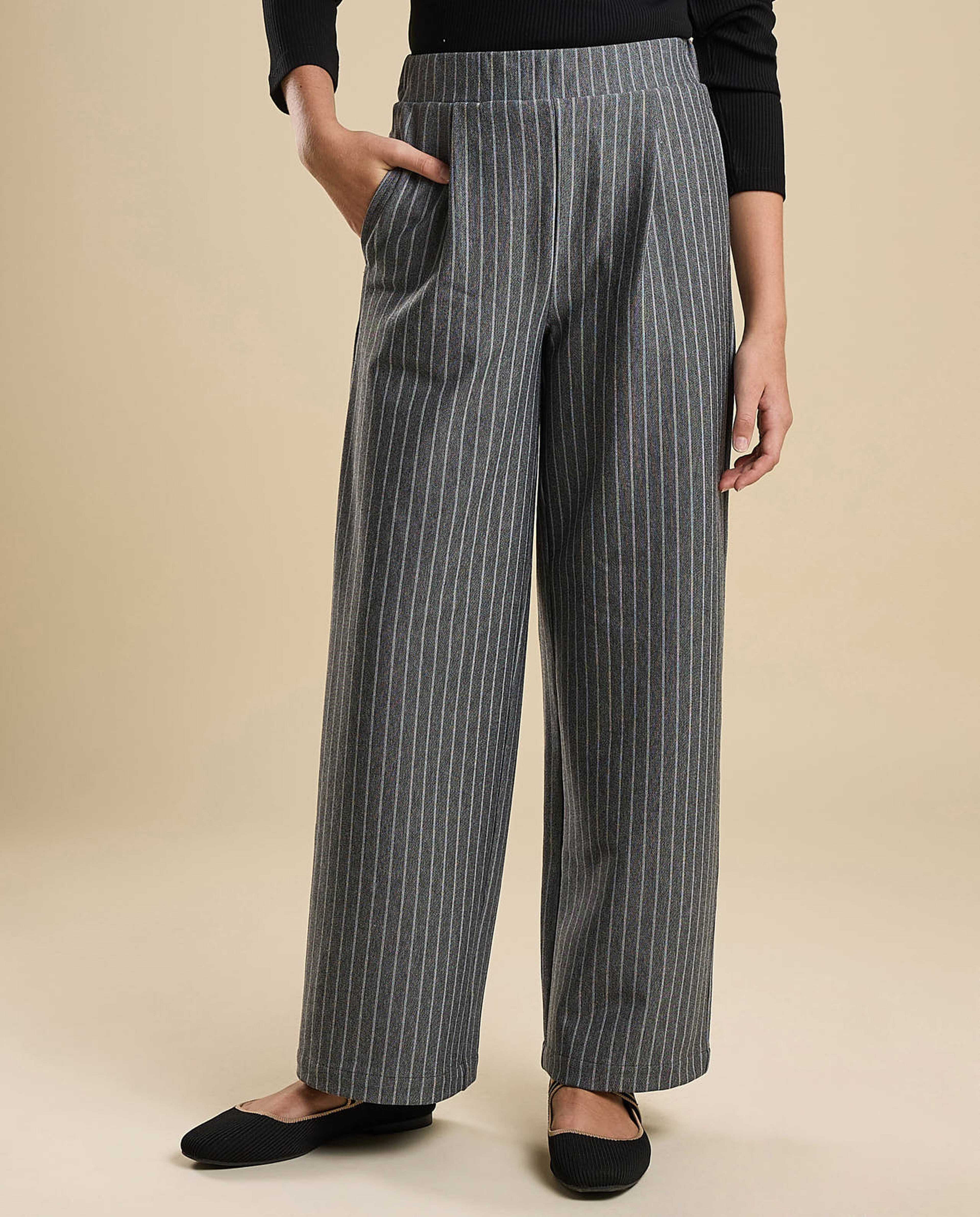 Striped Straight Pants with Elastic Waist