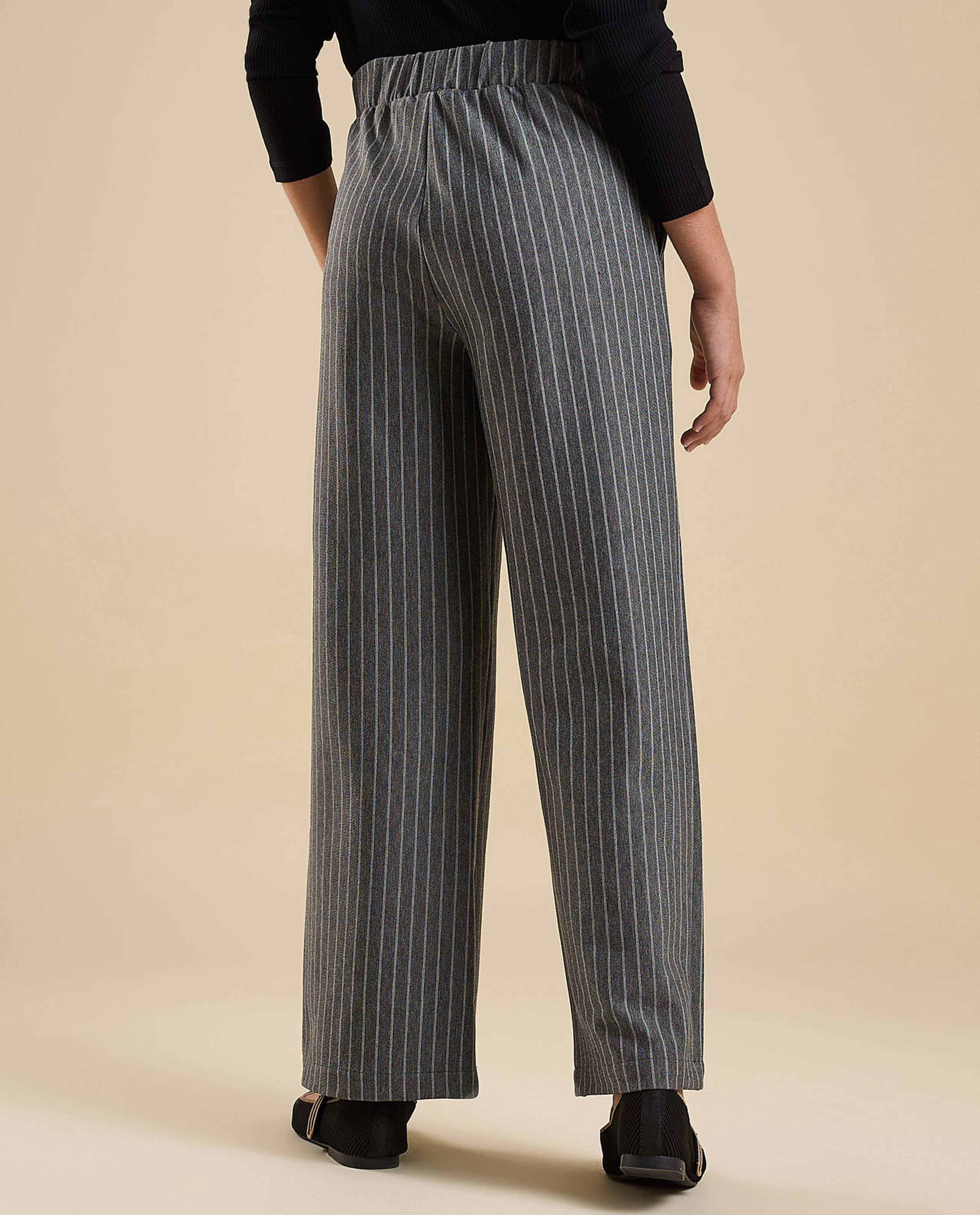 Striped Straight Pants with Elastic Waist
