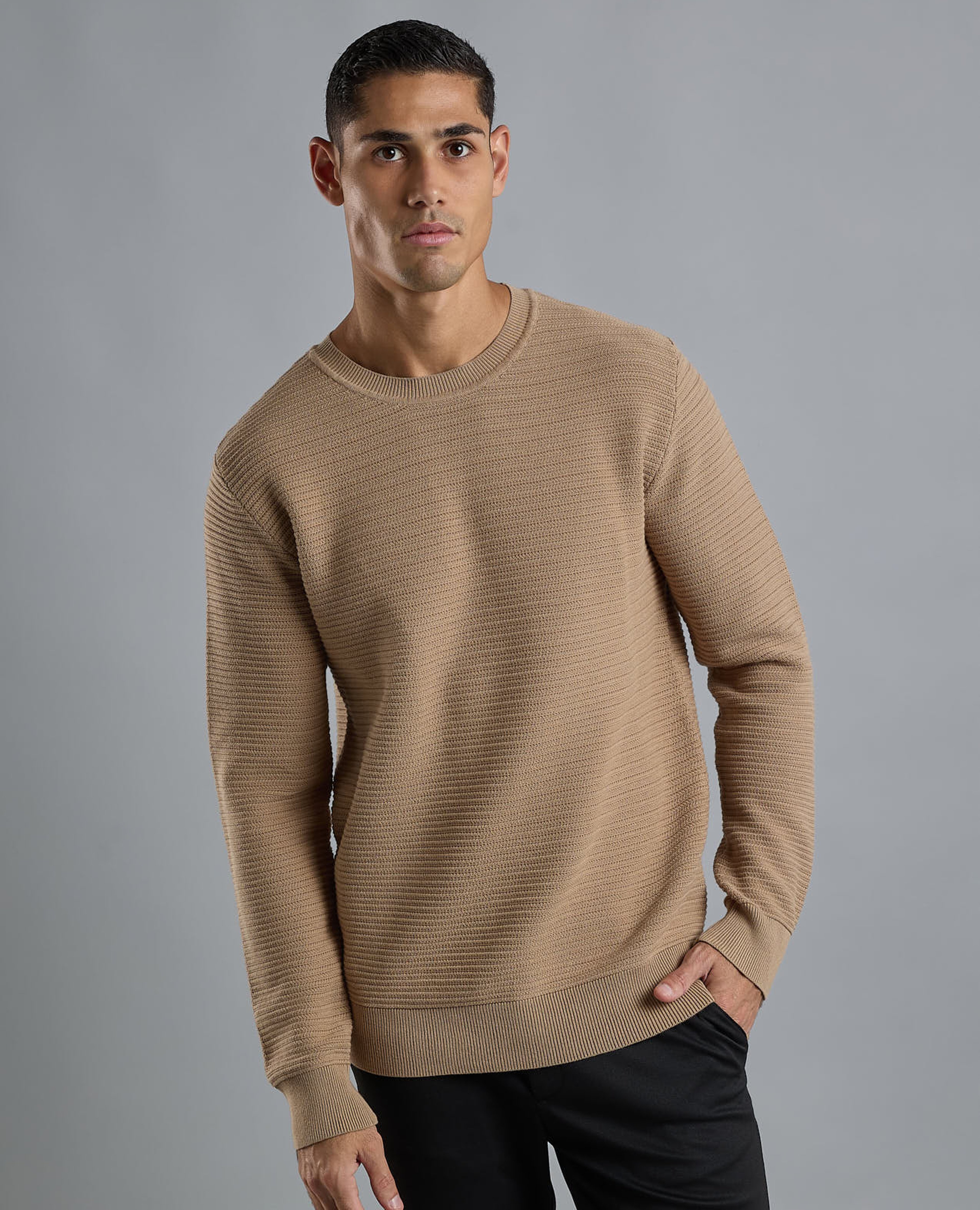Textured Sweater with Crew Neck and Long Sleeves