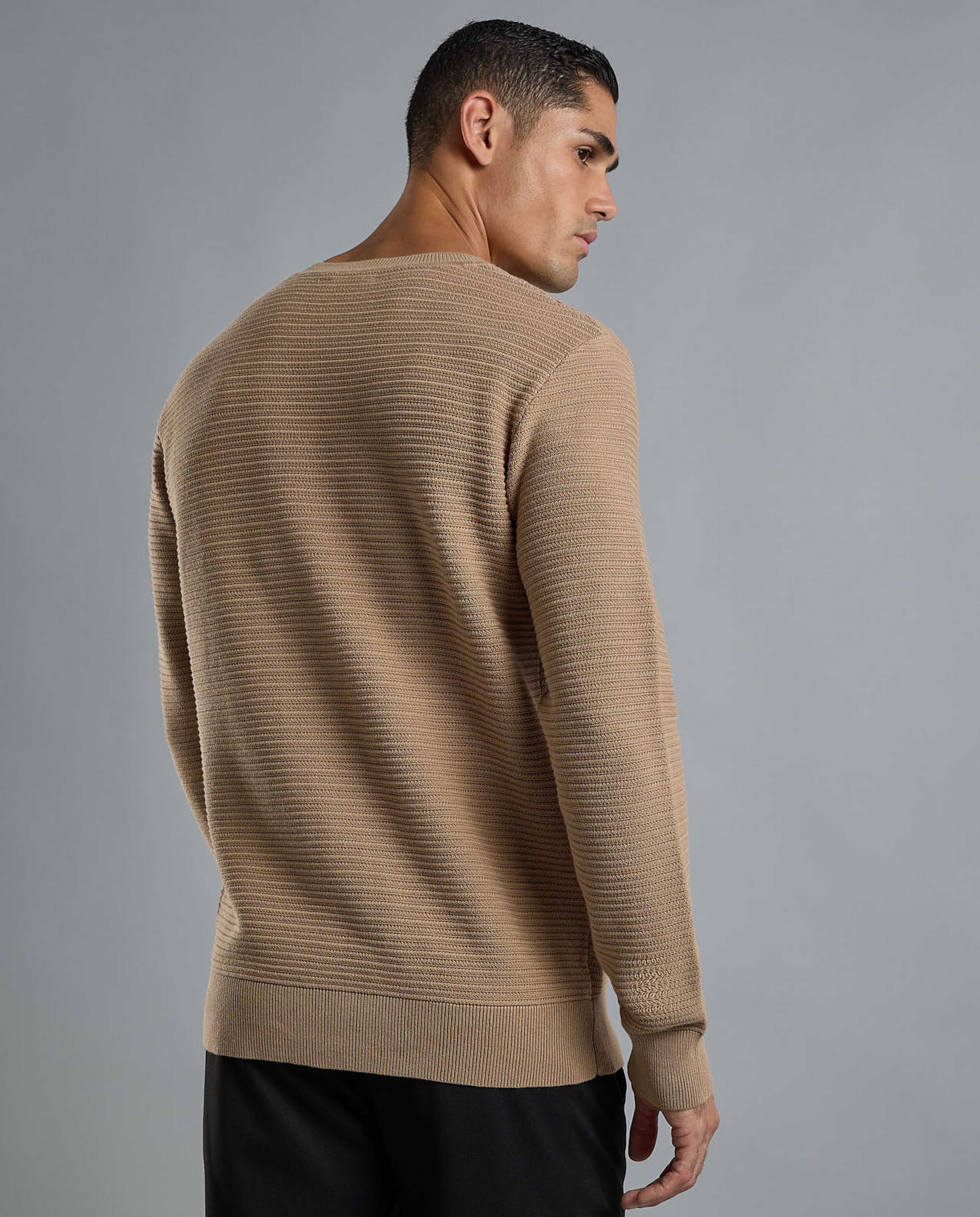 Textured Sweater with Crew Neck and Long Sleeves