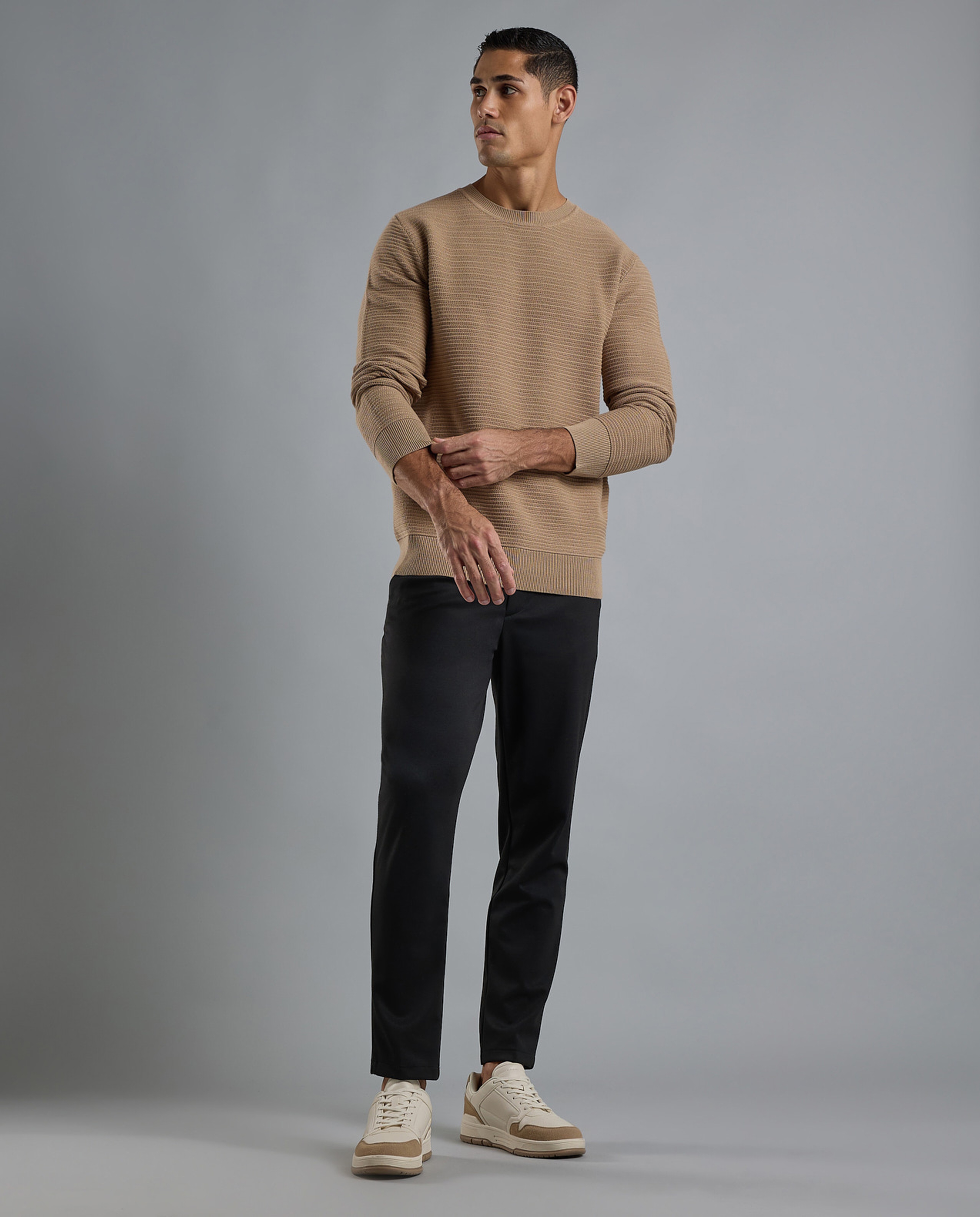 Textured Sweater with Crew Neck and Long Sleeves