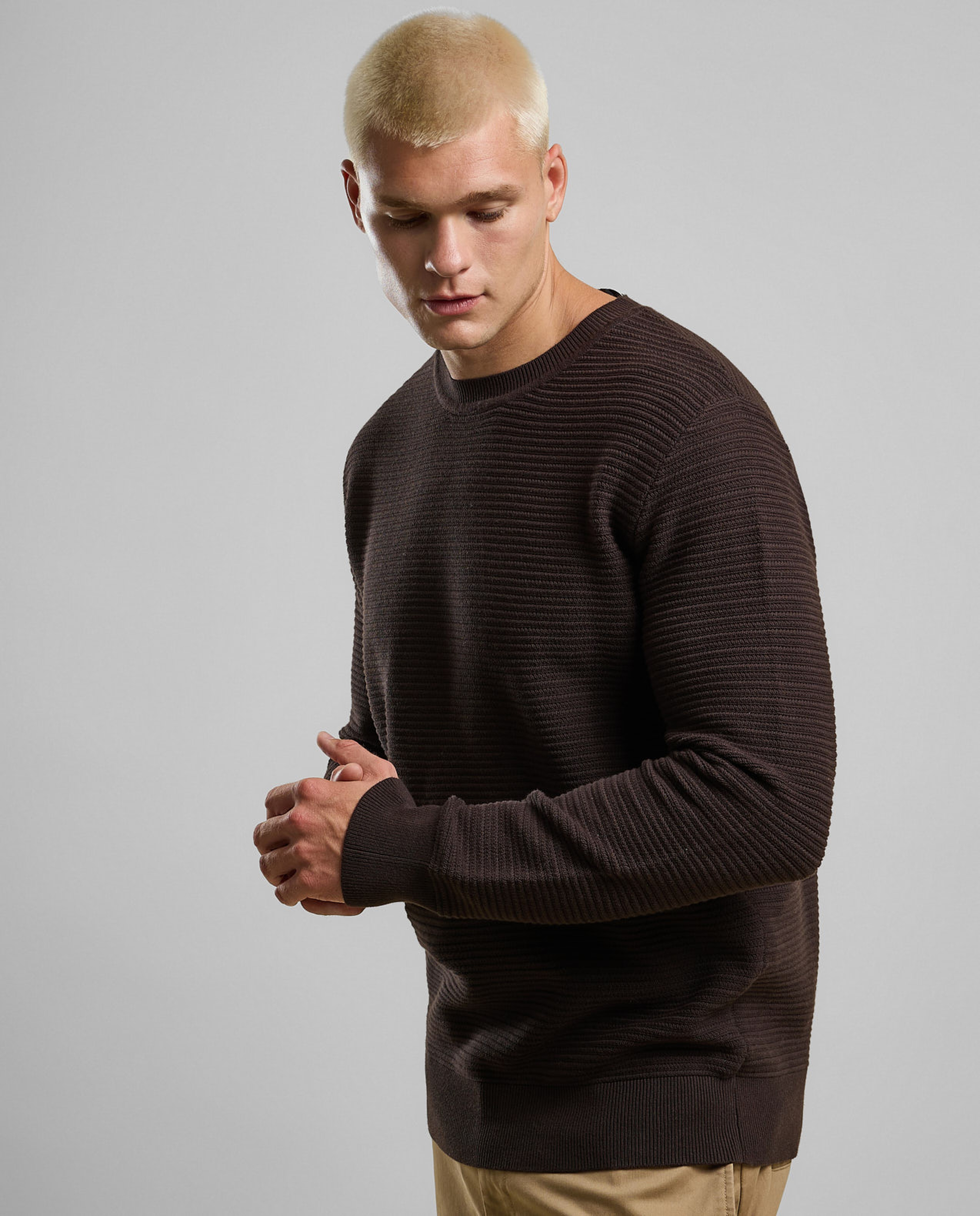 Textured Sweater with Crew Neck and Long Sleeves