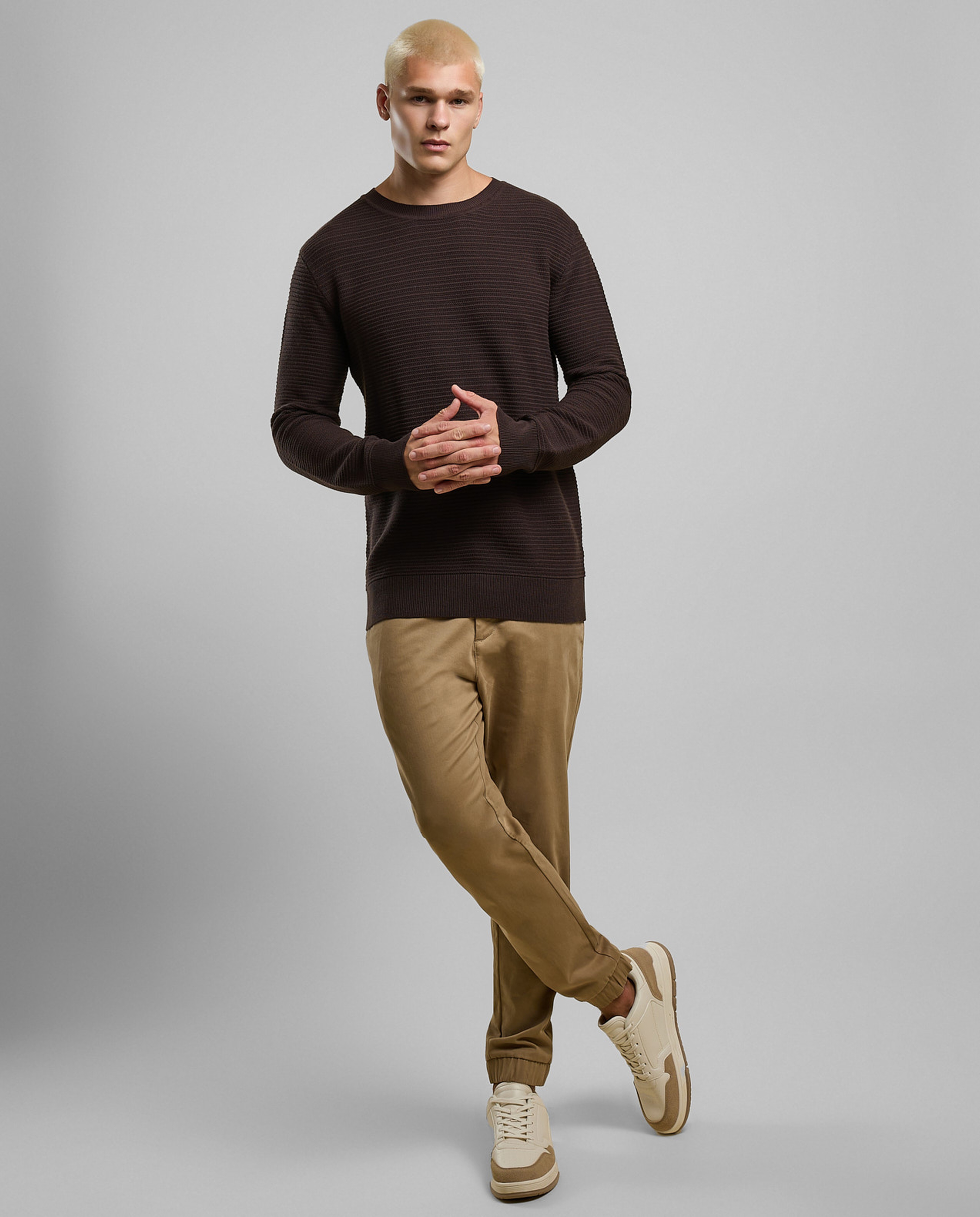 Textured Sweater with Crew Neck and Long Sleeves