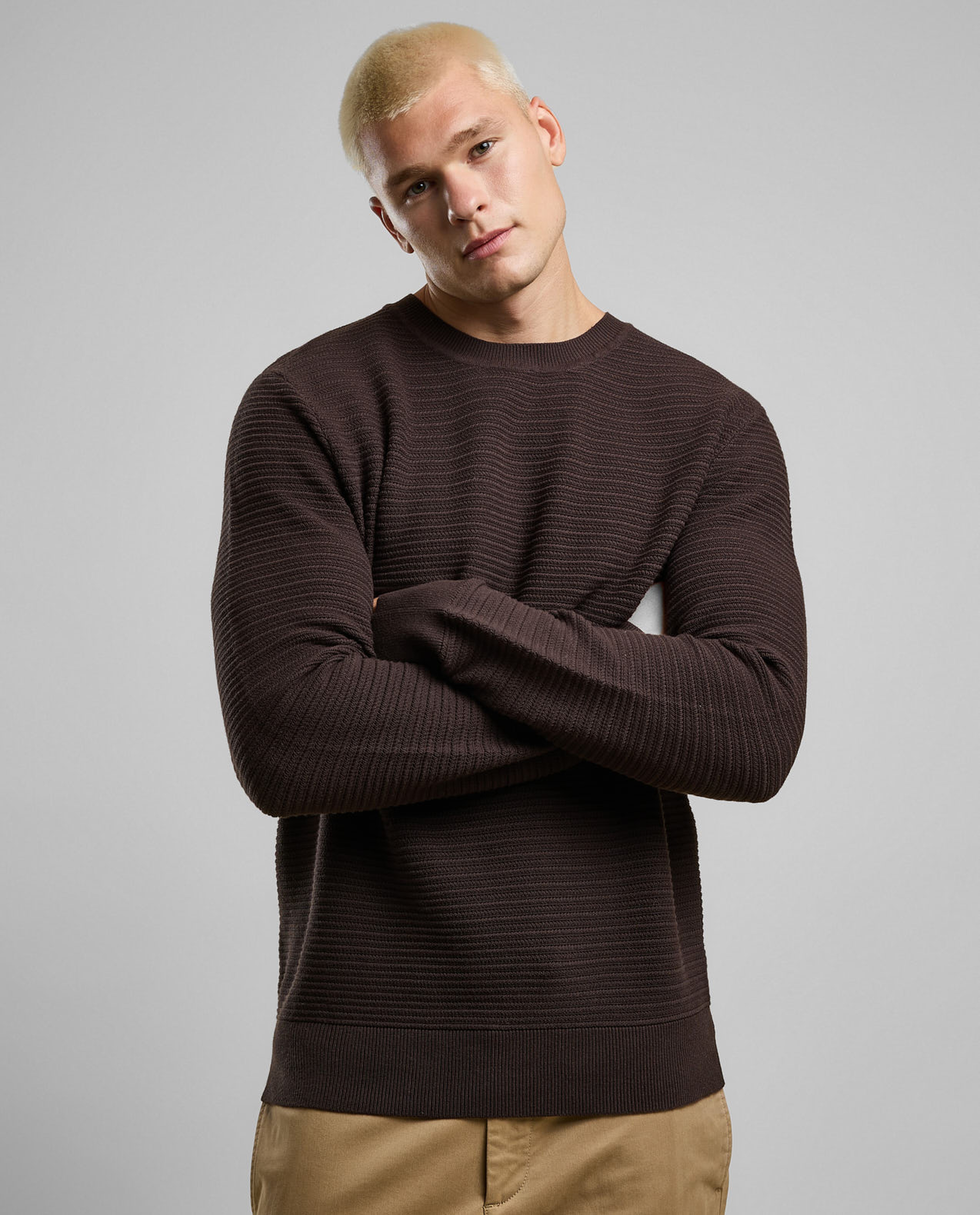 Textured Sweater with Crew Neck and Long Sleeves