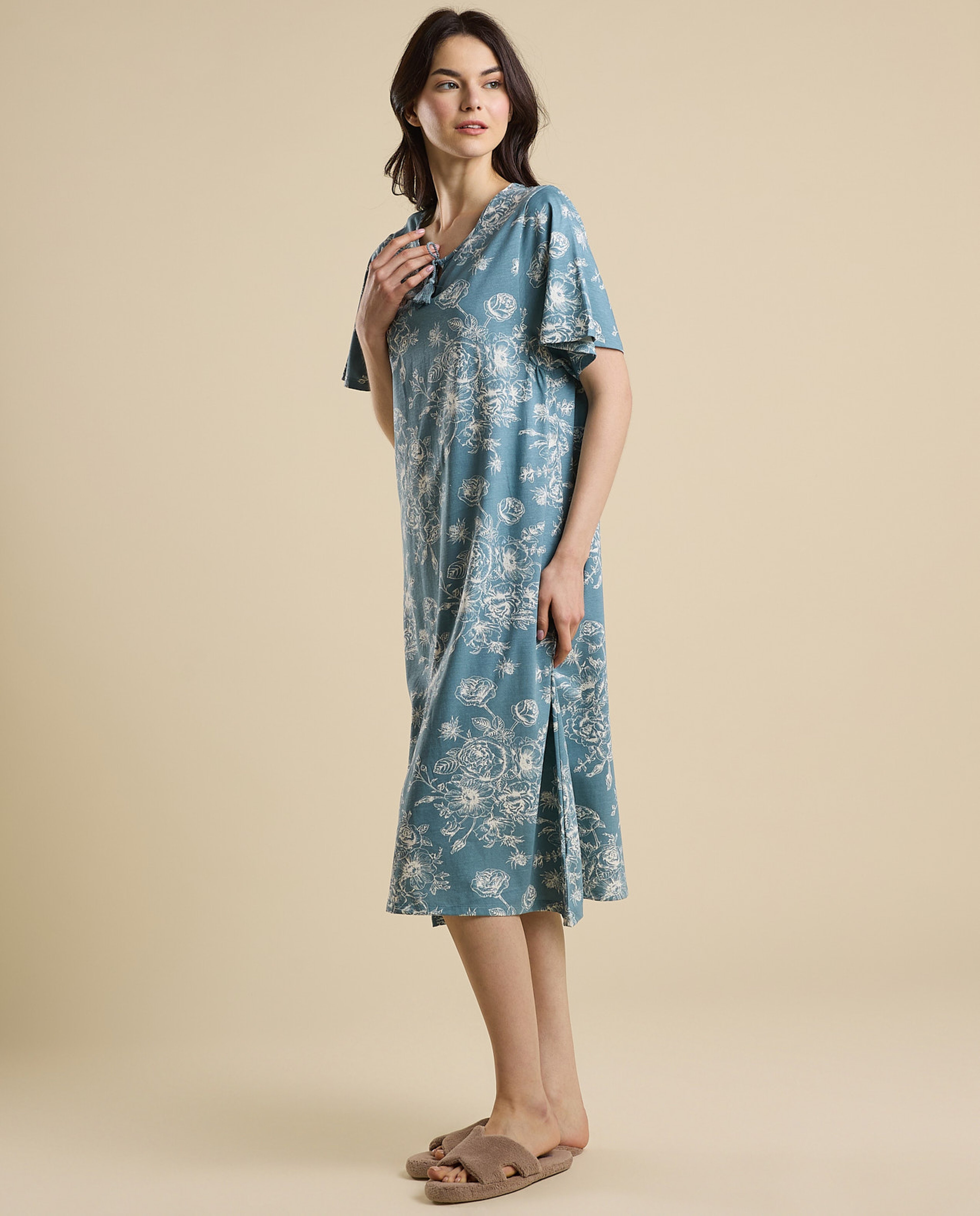 Printed Nightdress with Tie-Up Neck and Flared Sleeves