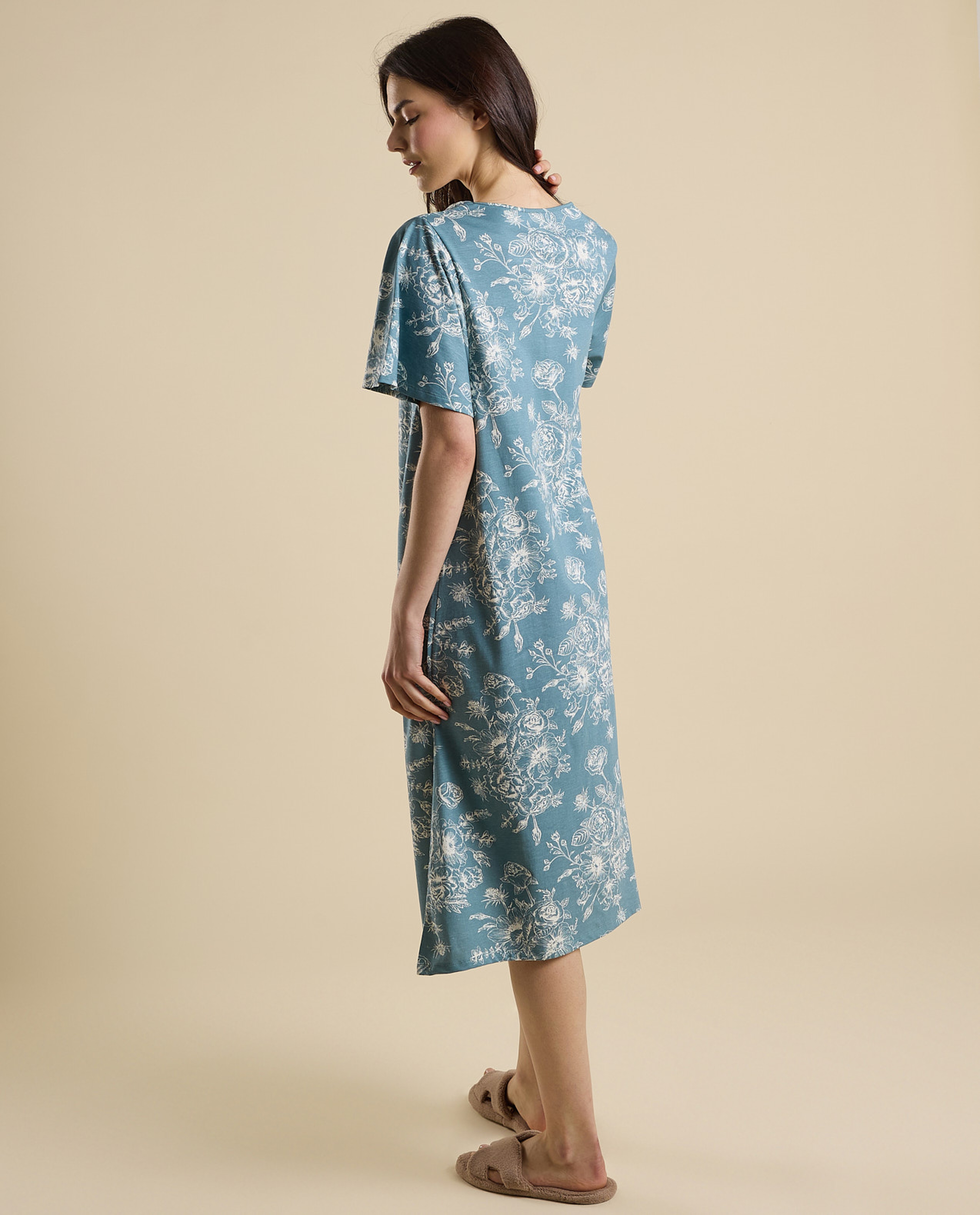 Printed Nightdress with Tie-Up Neck and Flared Sleeves