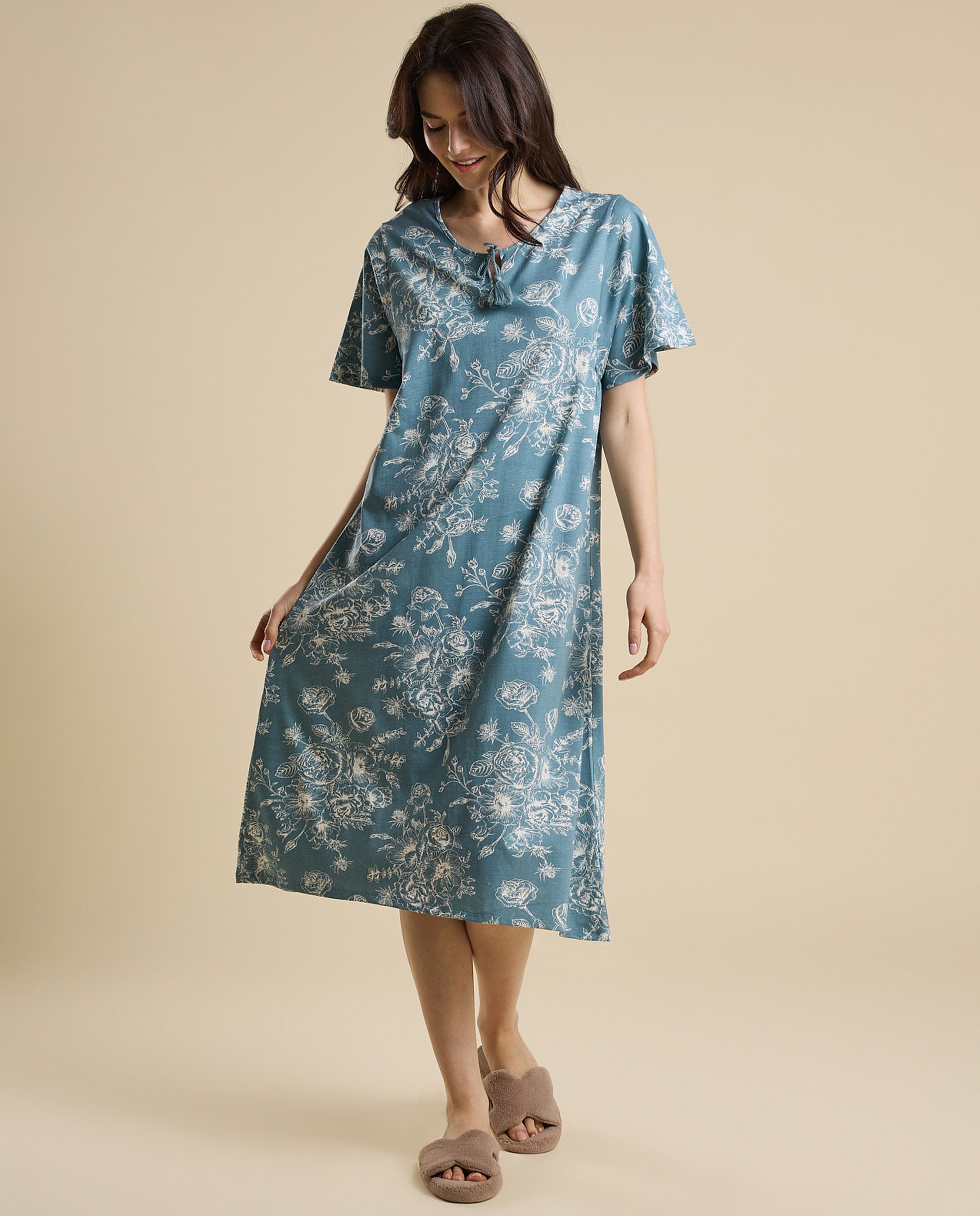 Printed Nightdress with Tie-Up Neck and Flared Sleeves