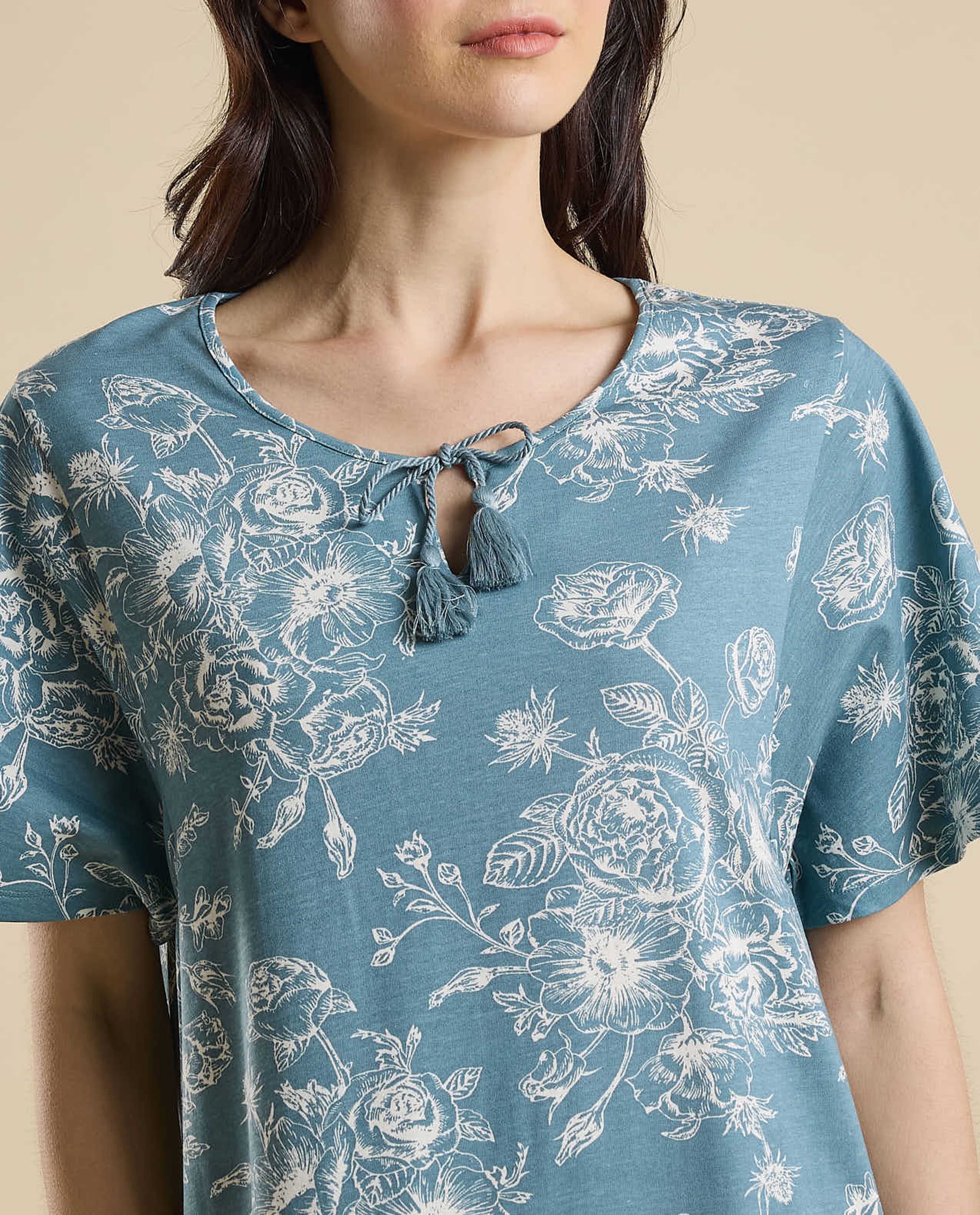 Printed Nightdress with Tie-Up Neck and Flared Sleeves