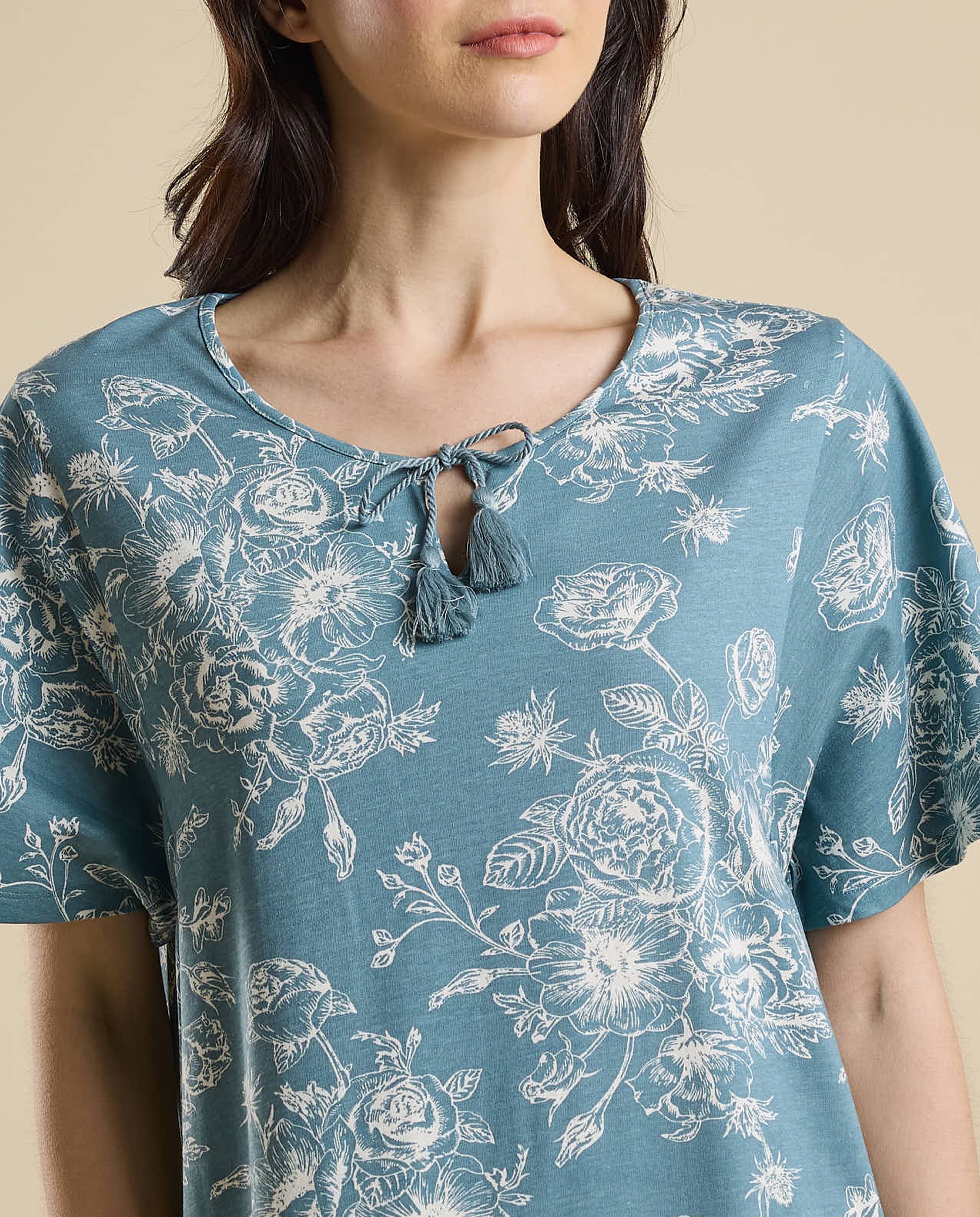 Printed Nightdress with Tie-Up Neck and Flared Sleeves