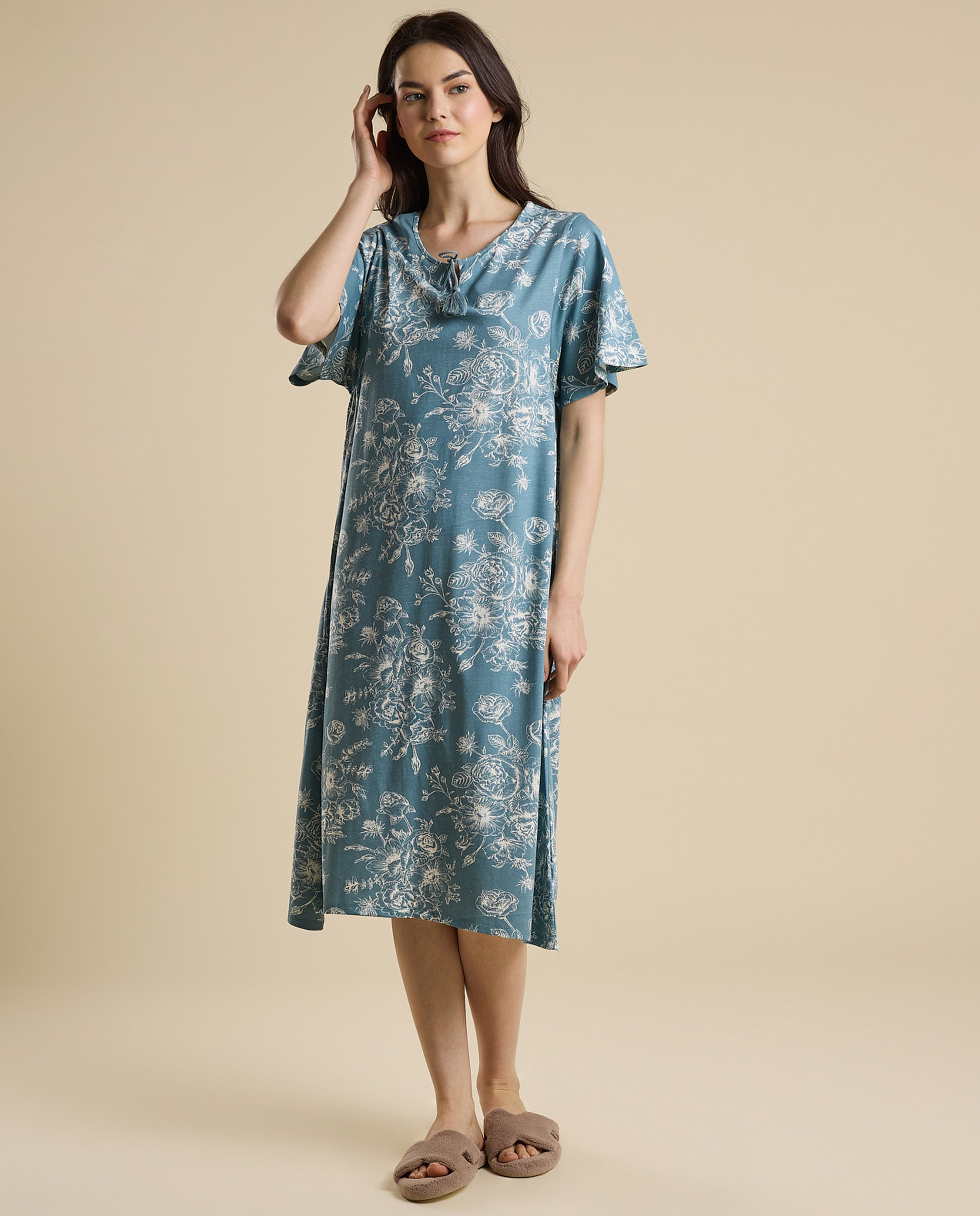 Printed Nightdress with Tie-Up Neck and Flared Sleeves