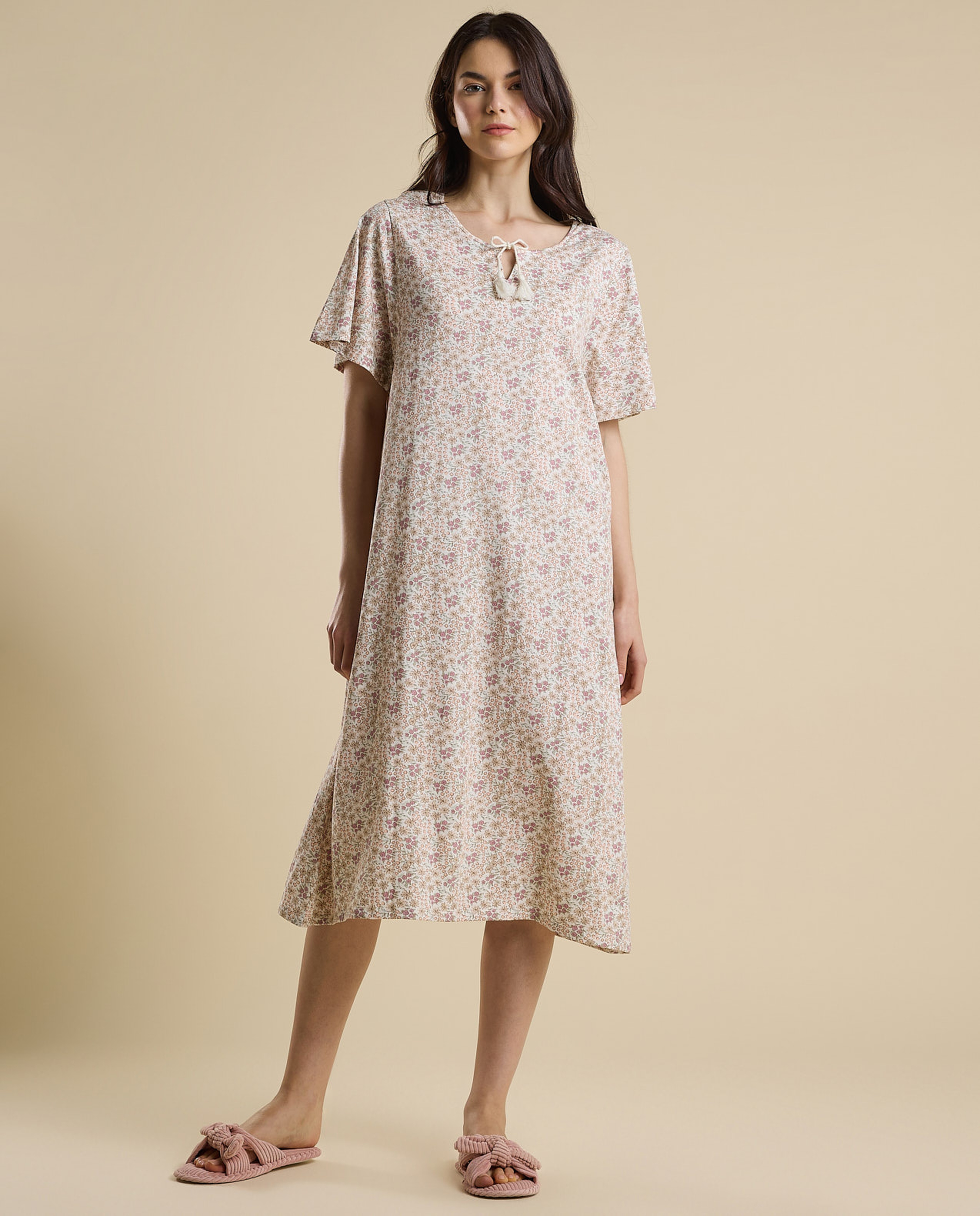 Printed Nightdress with Tie-Up Neck and Flared Sleeves