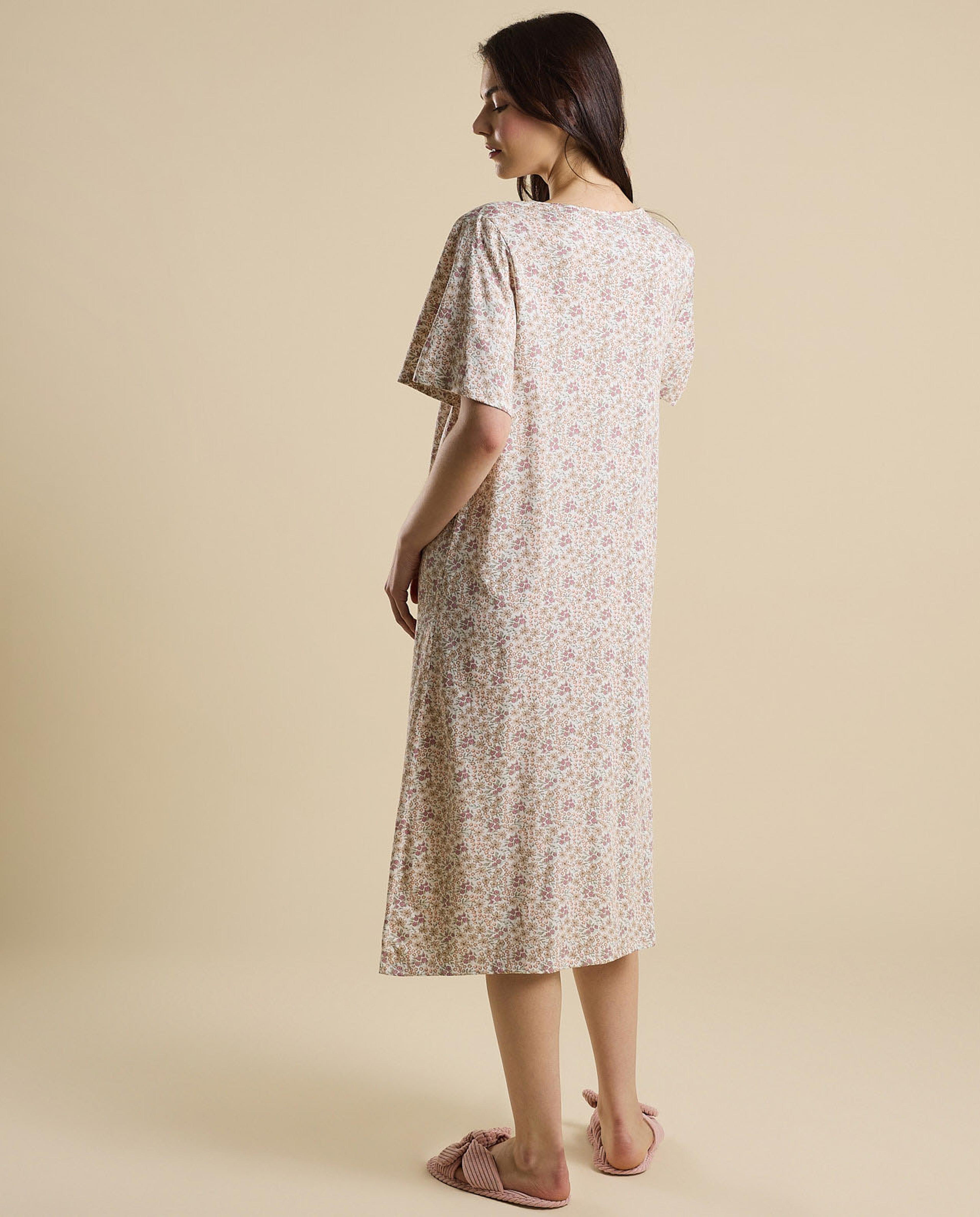 Printed Nightdress with Tie-Up Neck and Flared Sleeves