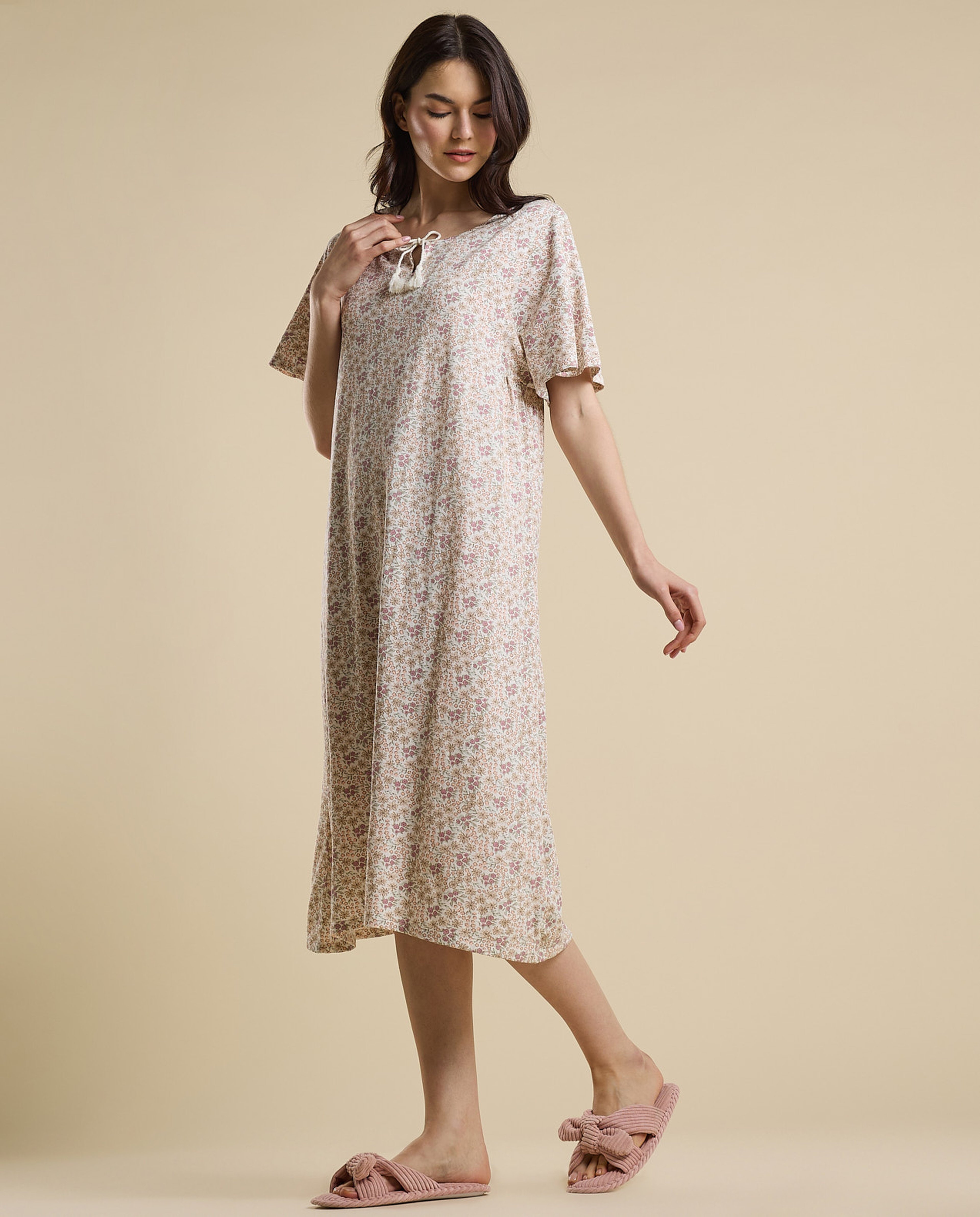 Printed Nightdress with Tie-Up Neck and Flared Sleeves