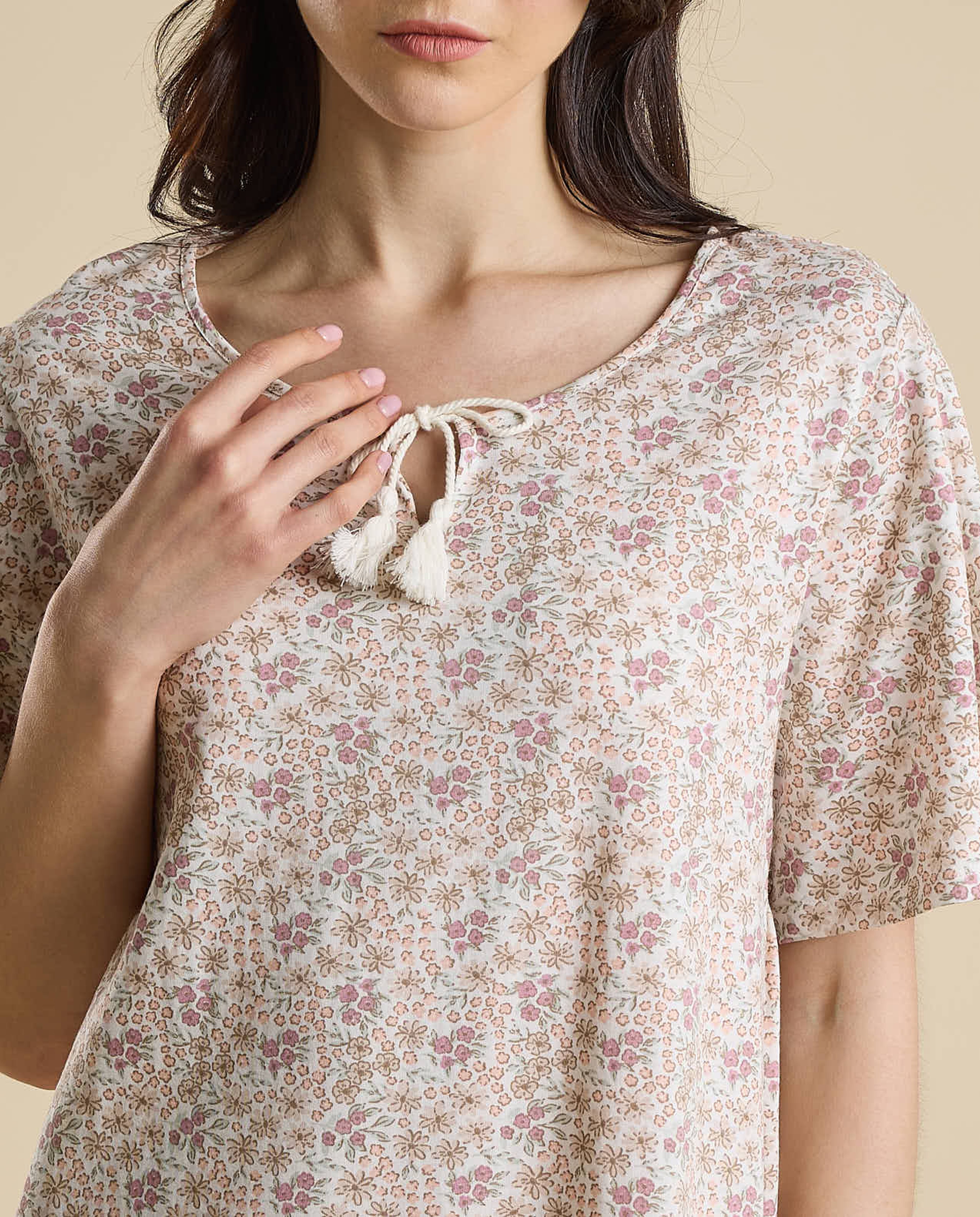 Printed Nightdress with Tie-Up Neck and Flared Sleeves