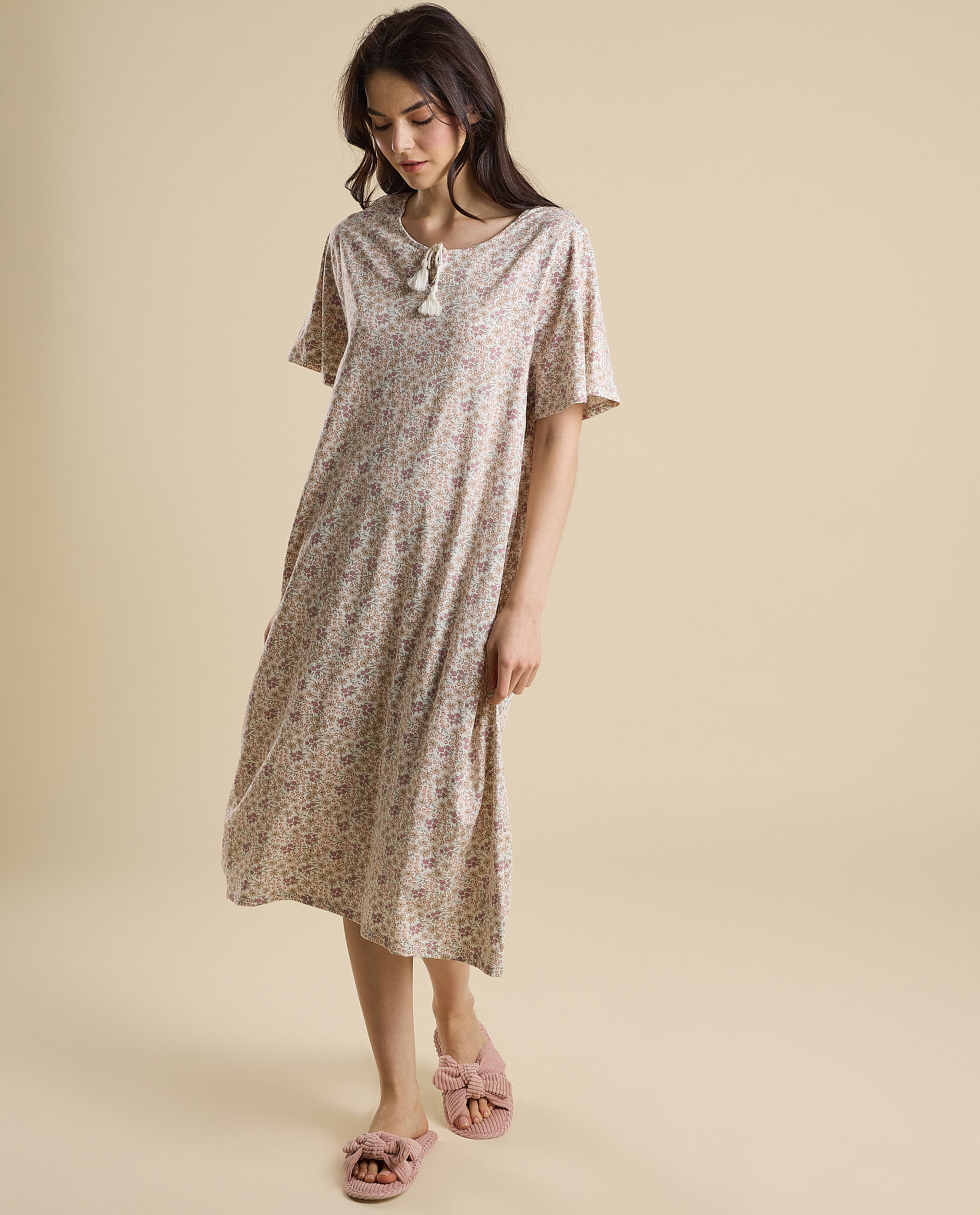 Printed Nightdress with Tie-Up Neck and Flared Sleeves