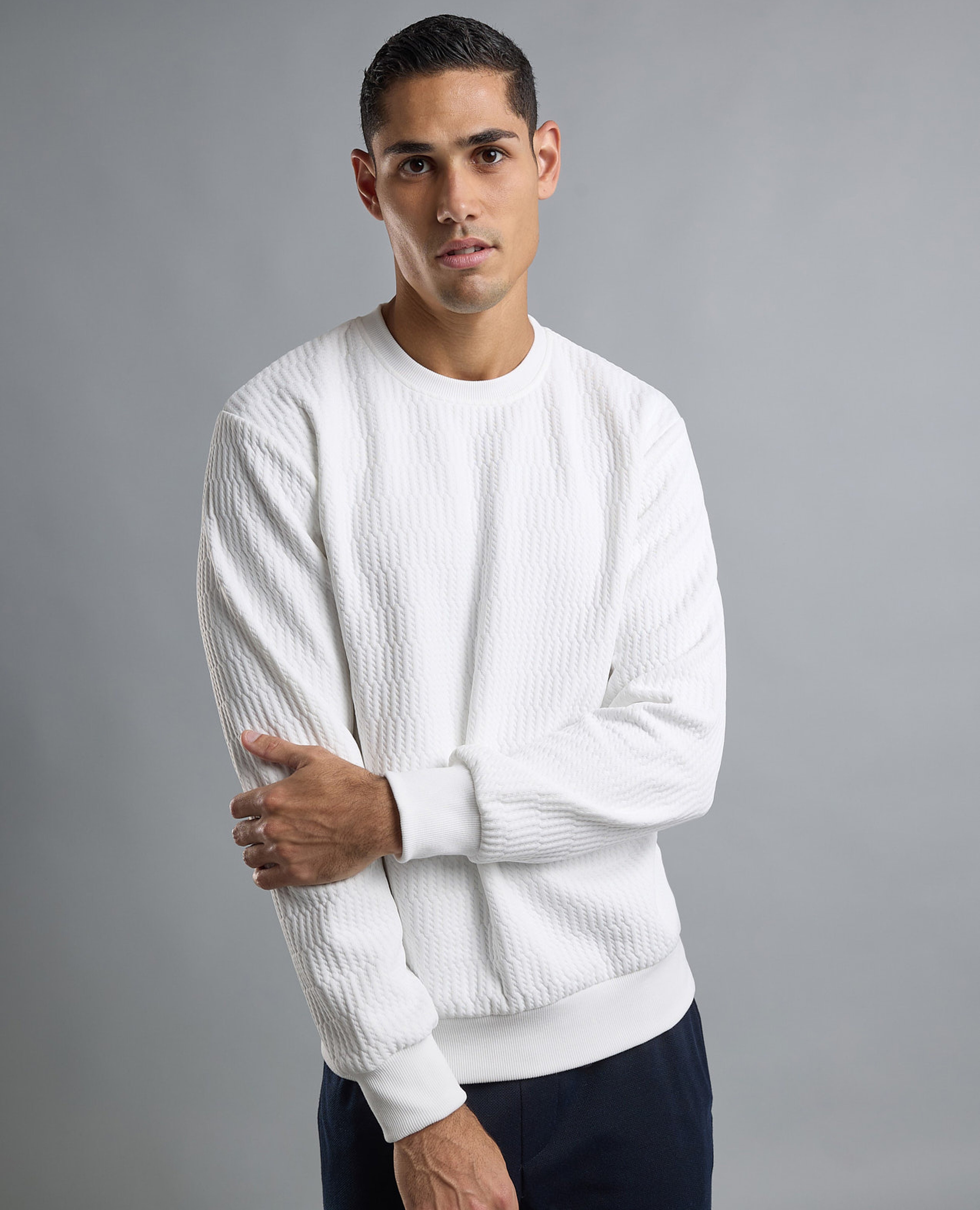 Textured Sweatshirt with Crew Neck and Long Sleeves