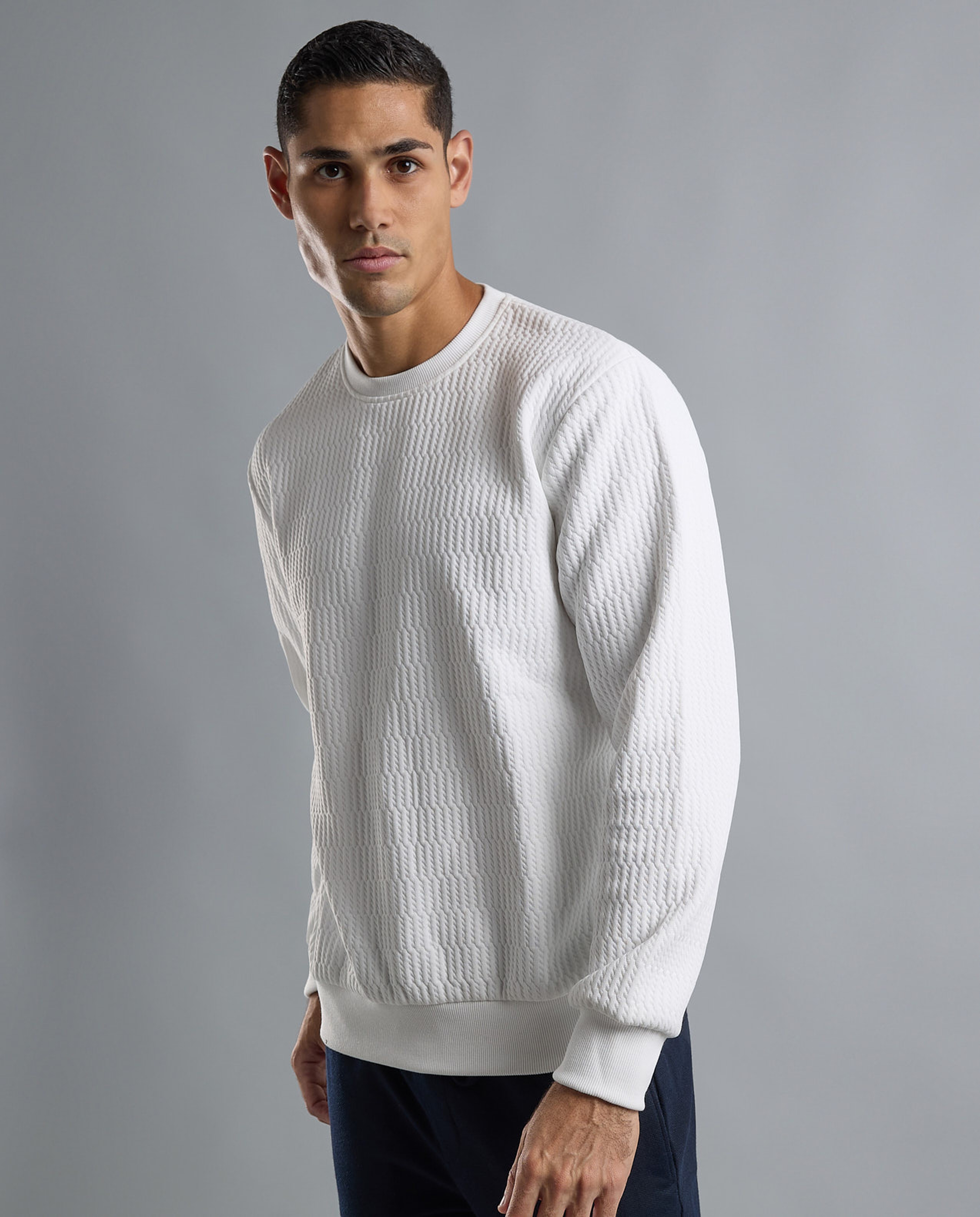 Textured Sweatshirt with Crew Neck and Long Sleeves