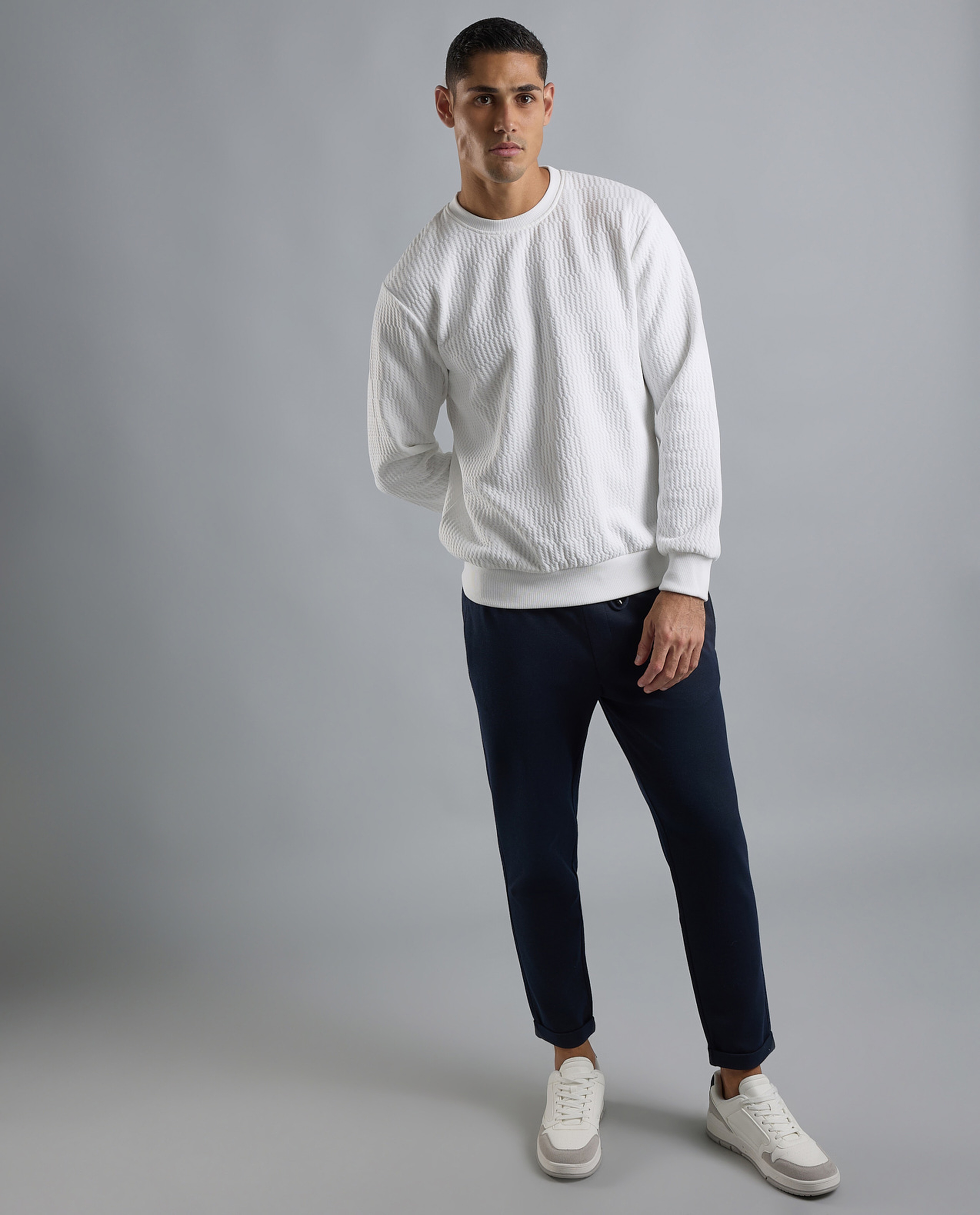 Textured Sweatshirt with Crew Neck and Long Sleeves