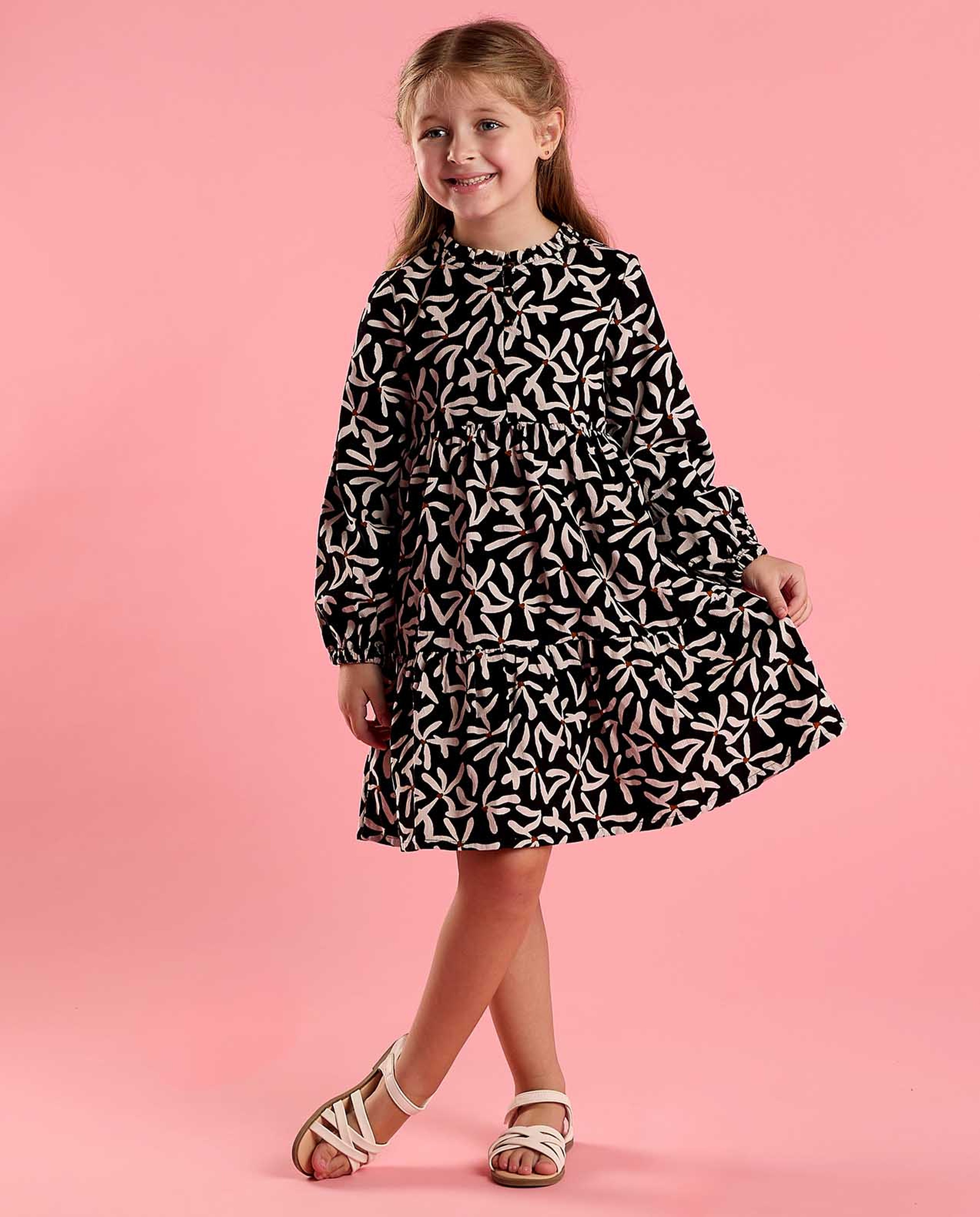 Printed Fit and Flare Dress with Puff Sleeves