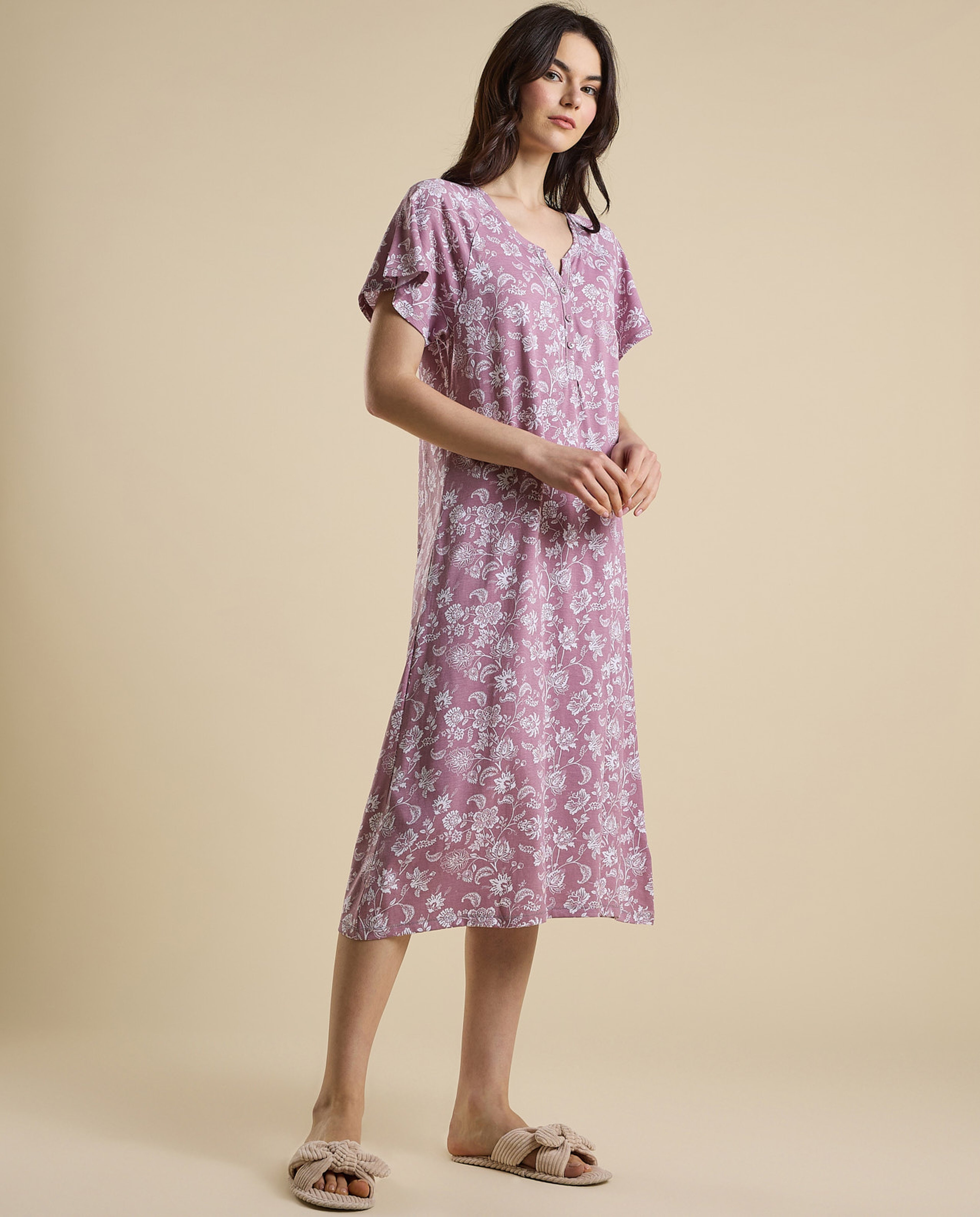 Printed Nightdress with Split Neck and Short Sleeves