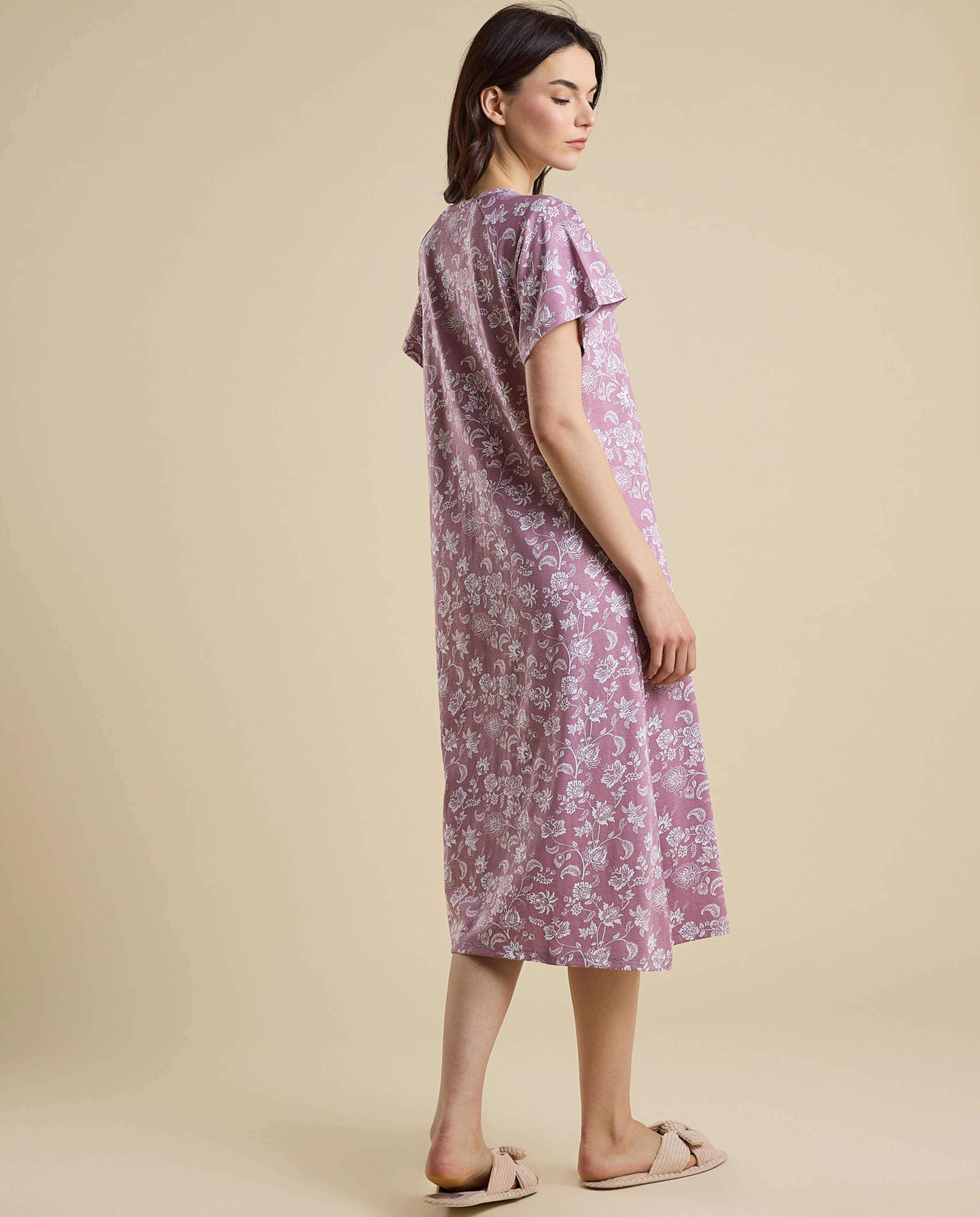 Printed Nightdress with Split Neck and Short Sleeves