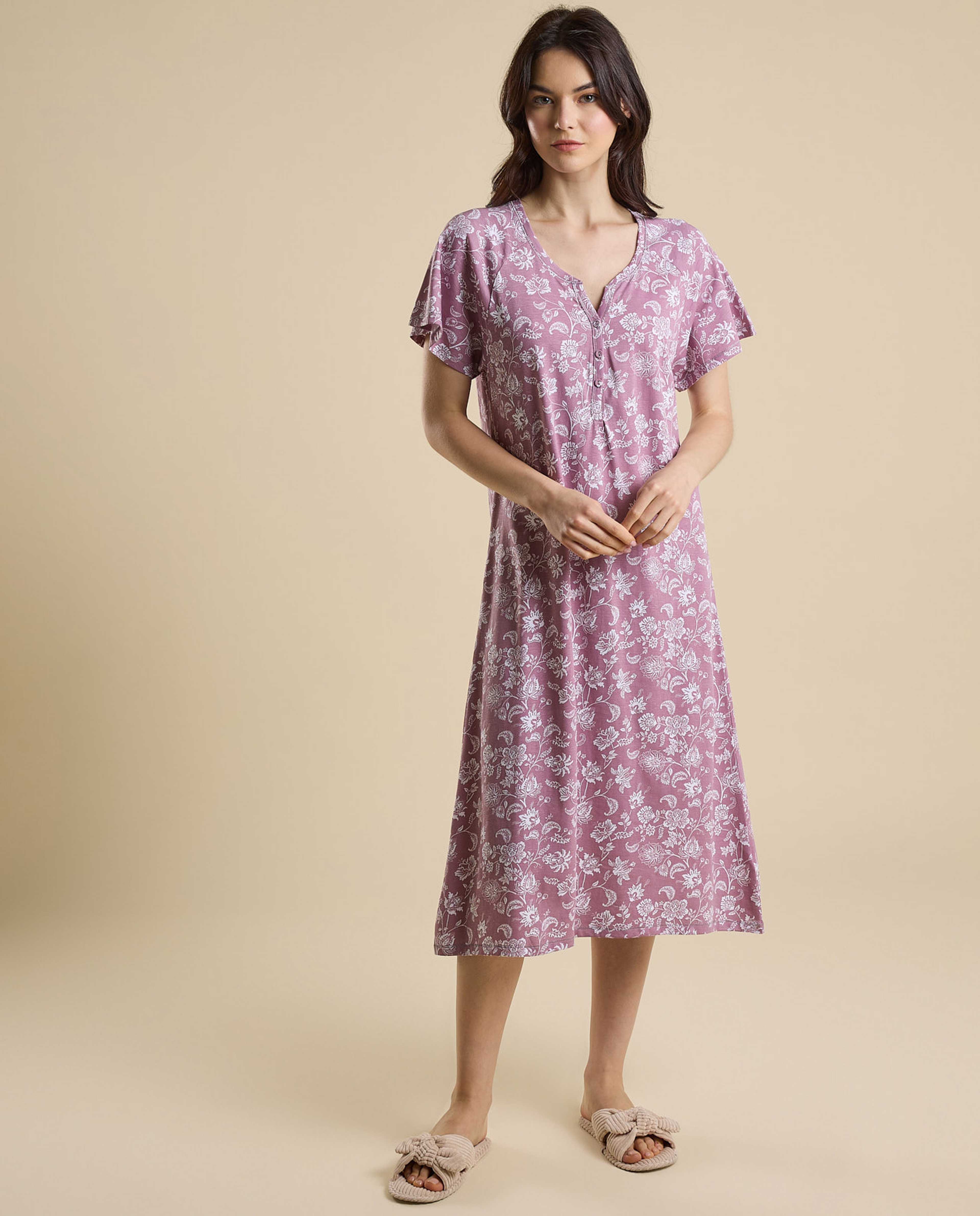 Printed Nightdress with Split Neck and Short Sleeves