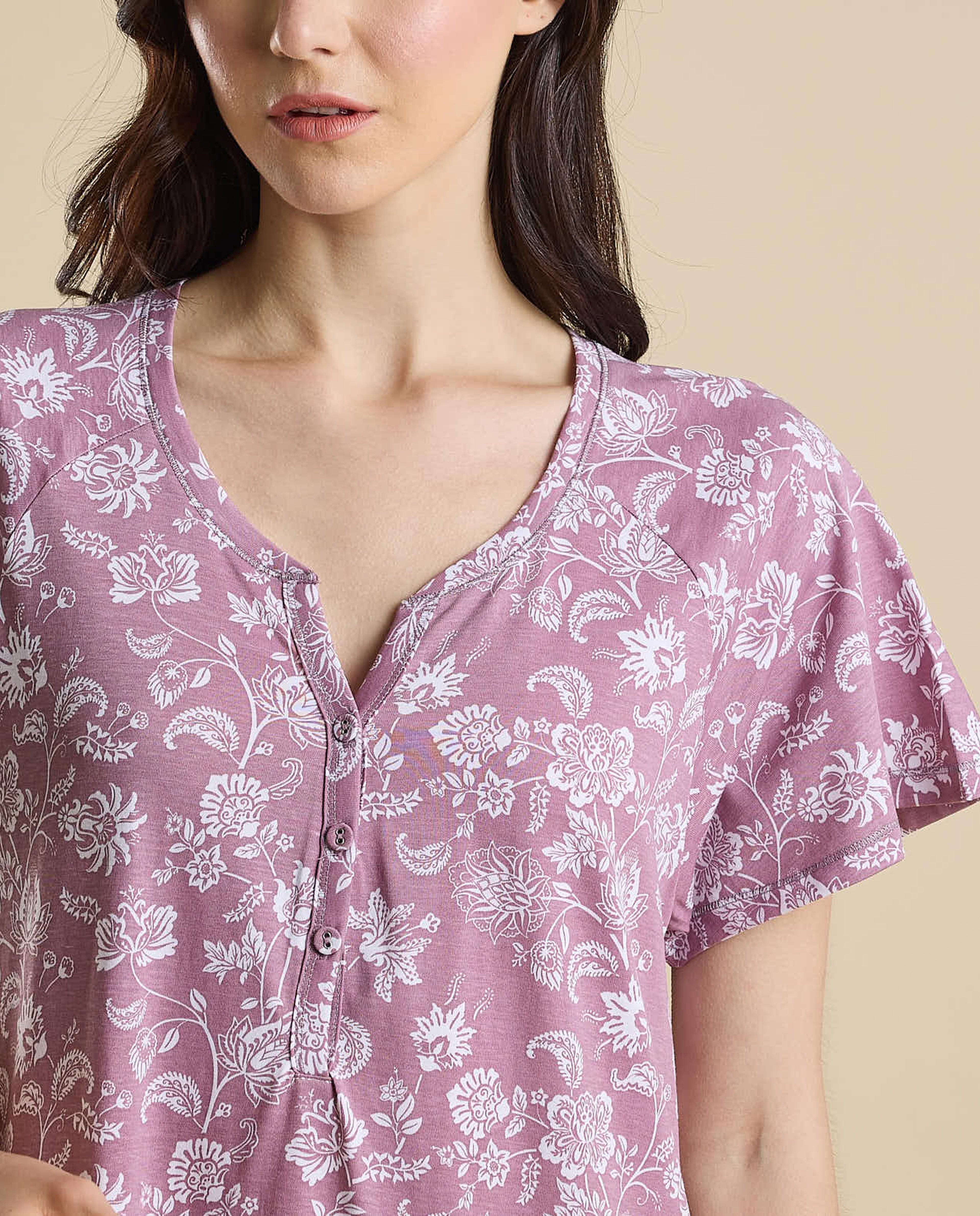Printed Nightdress with Split Neck and Short Sleeves
