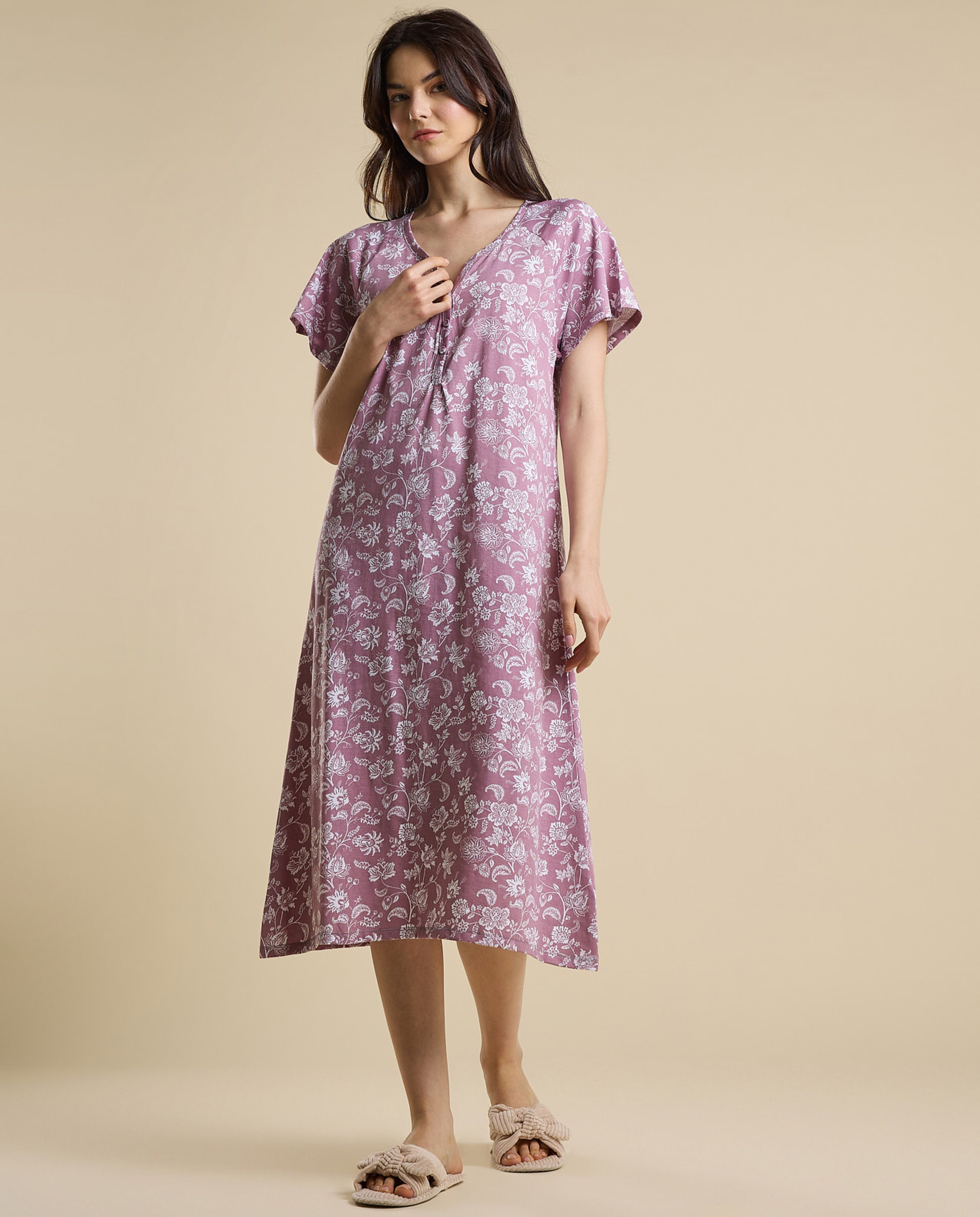 Printed Nightdress with Split Neck and Short Sleeves