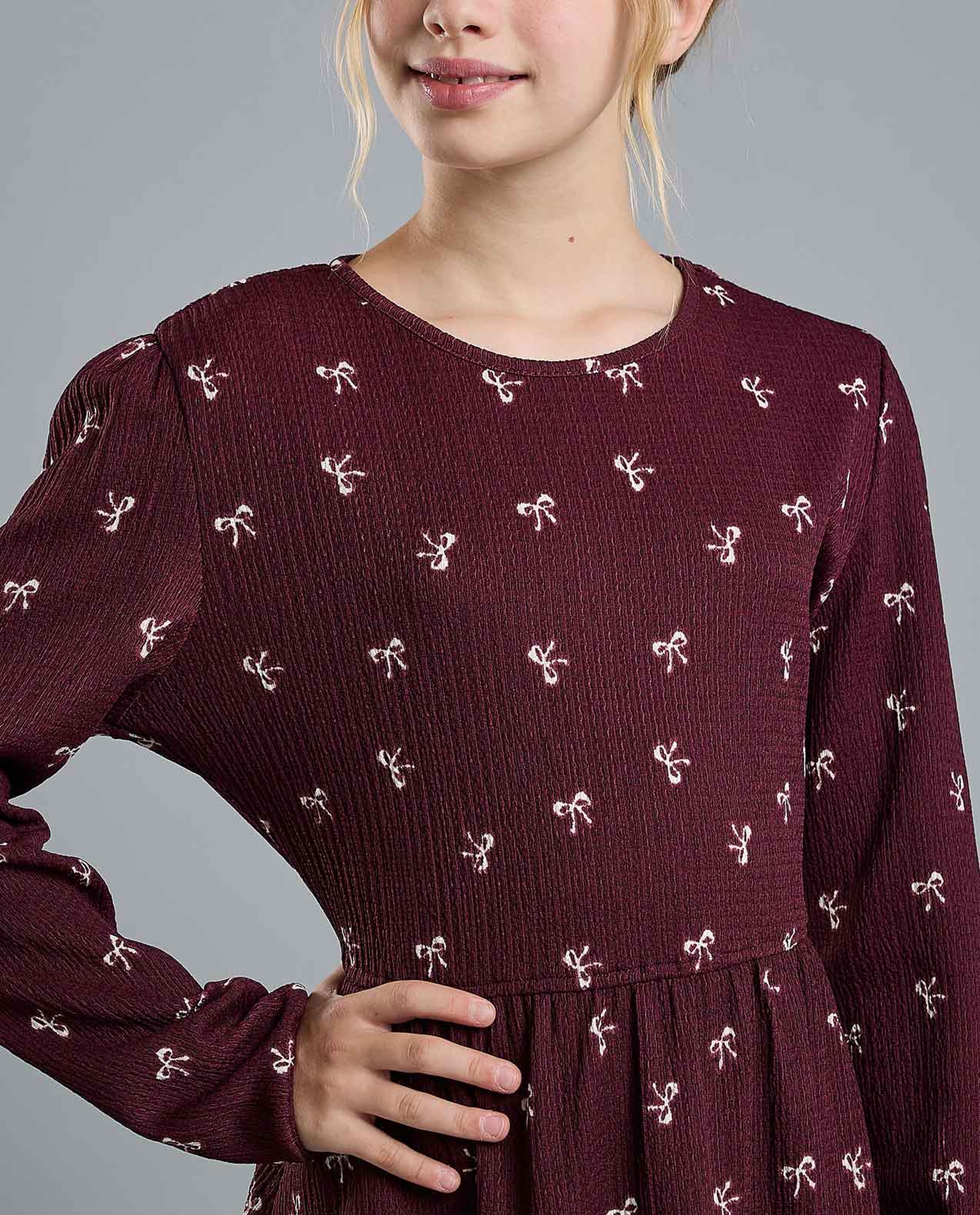 Printed Flared Dress with Crew Neck and Long Sleeves