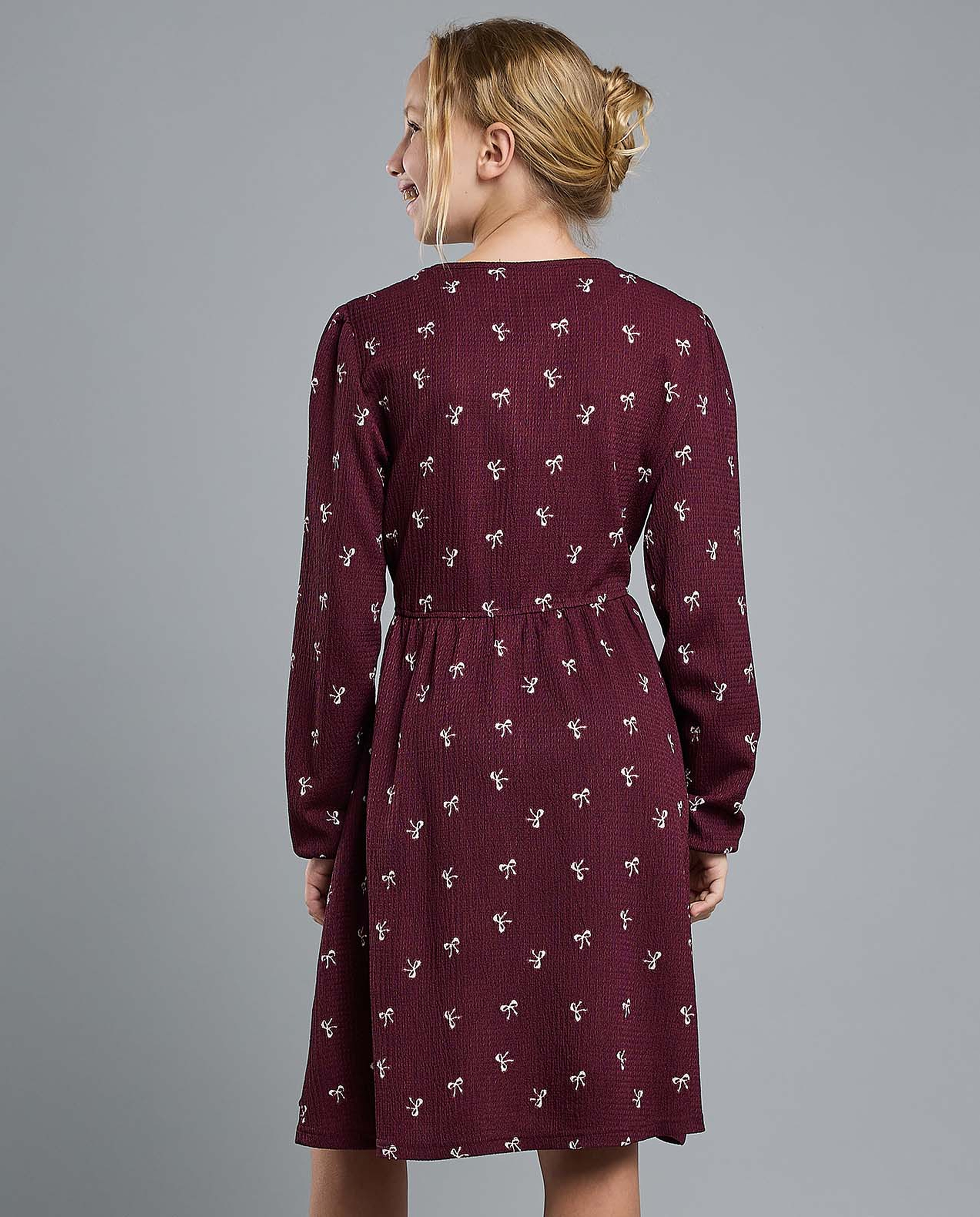 Printed Flared Dress with Crew Neck and Long Sleeves