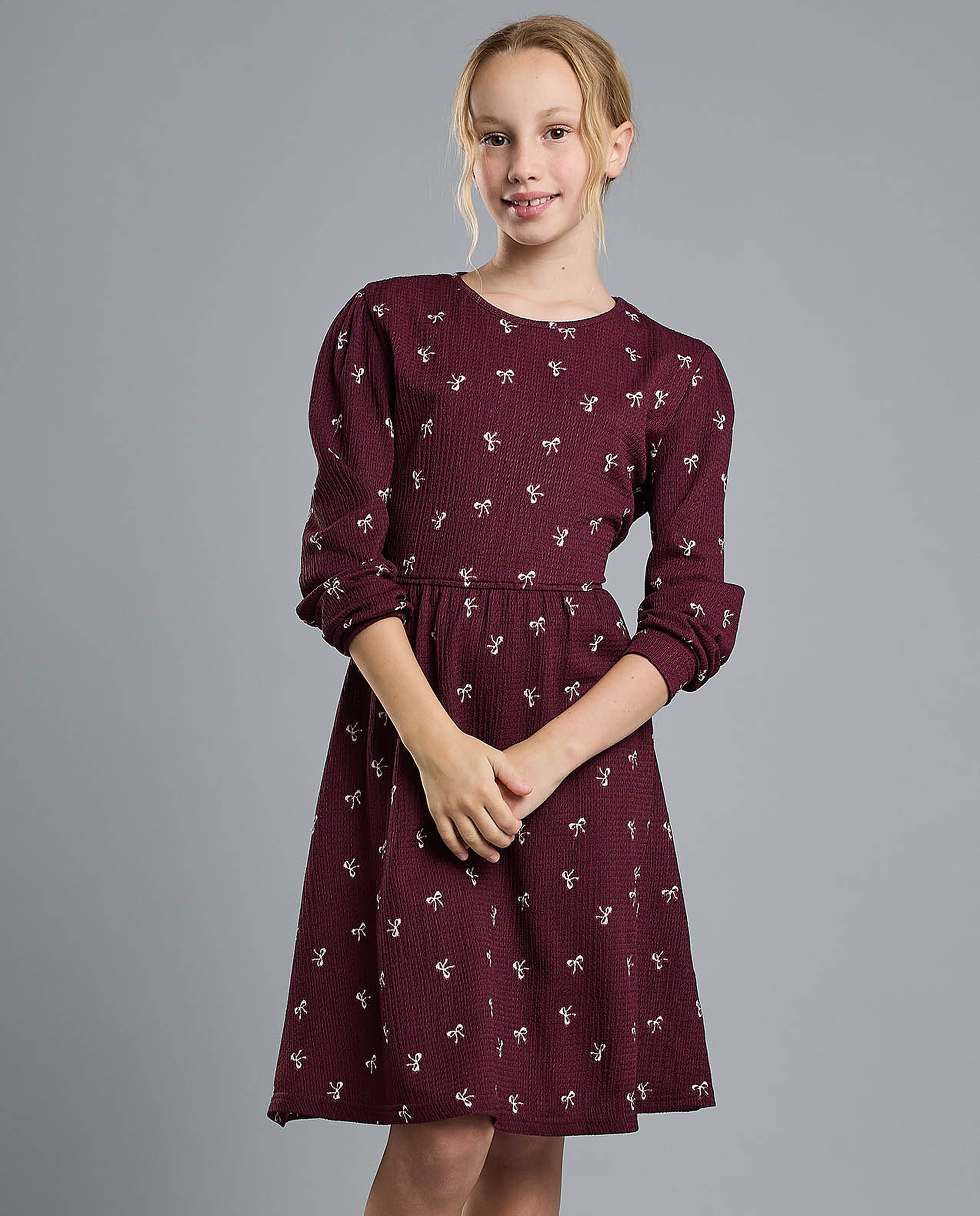 Printed Flared Dress with Crew Neck and Long Sleeves