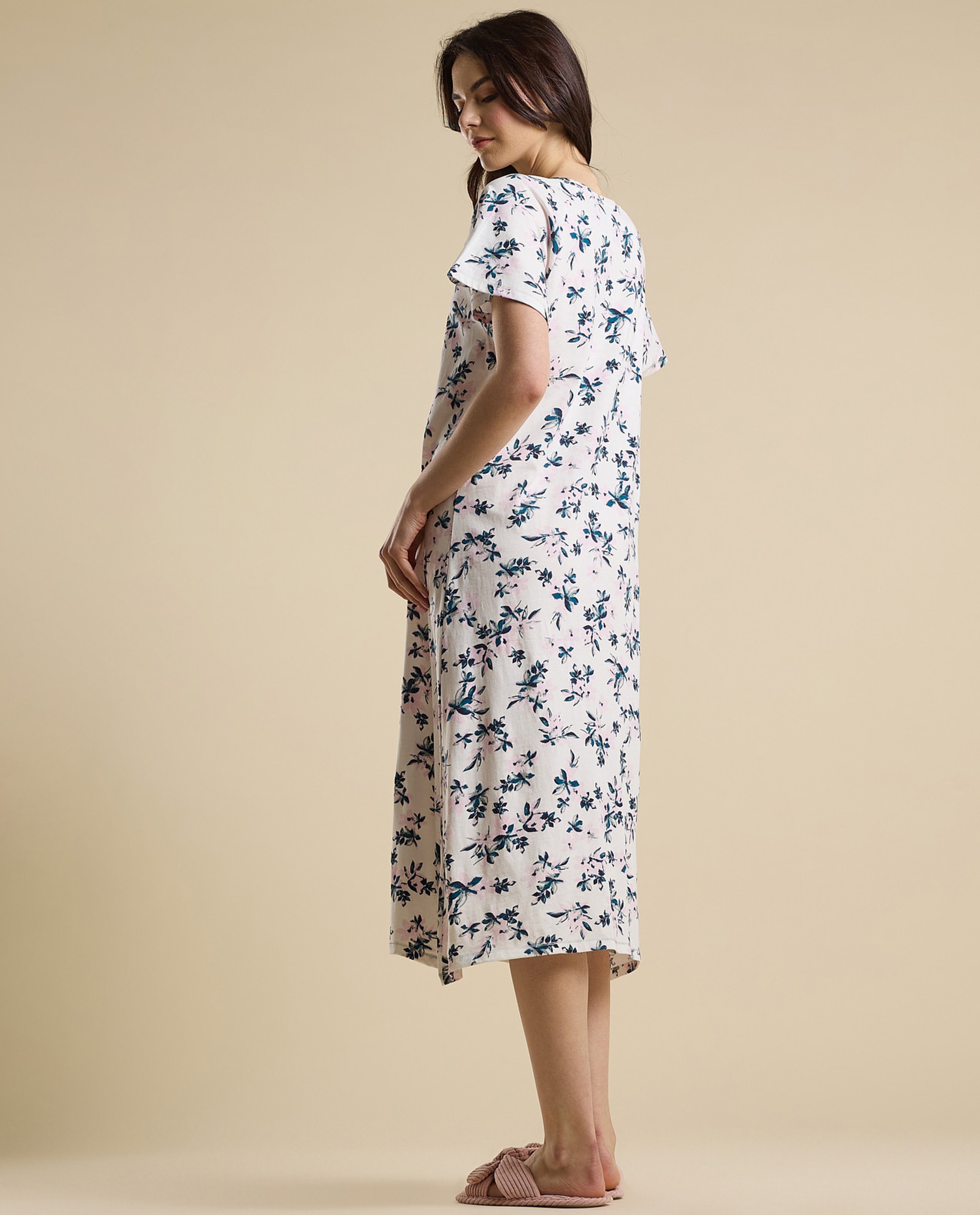 Printed Nightdress with Split Neck and Short Sleeves