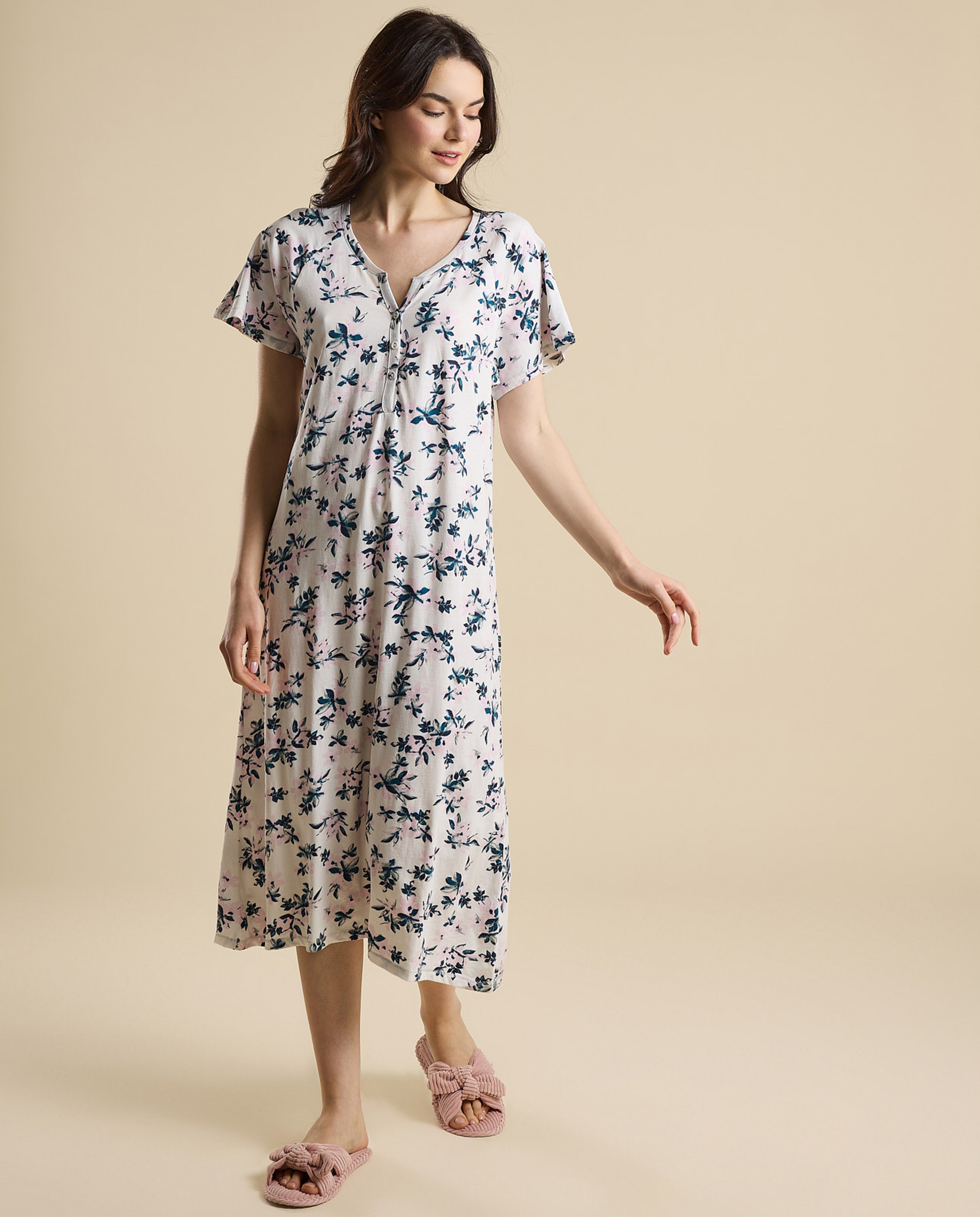 Printed Nightdress with Split Neck and Short Sleeves