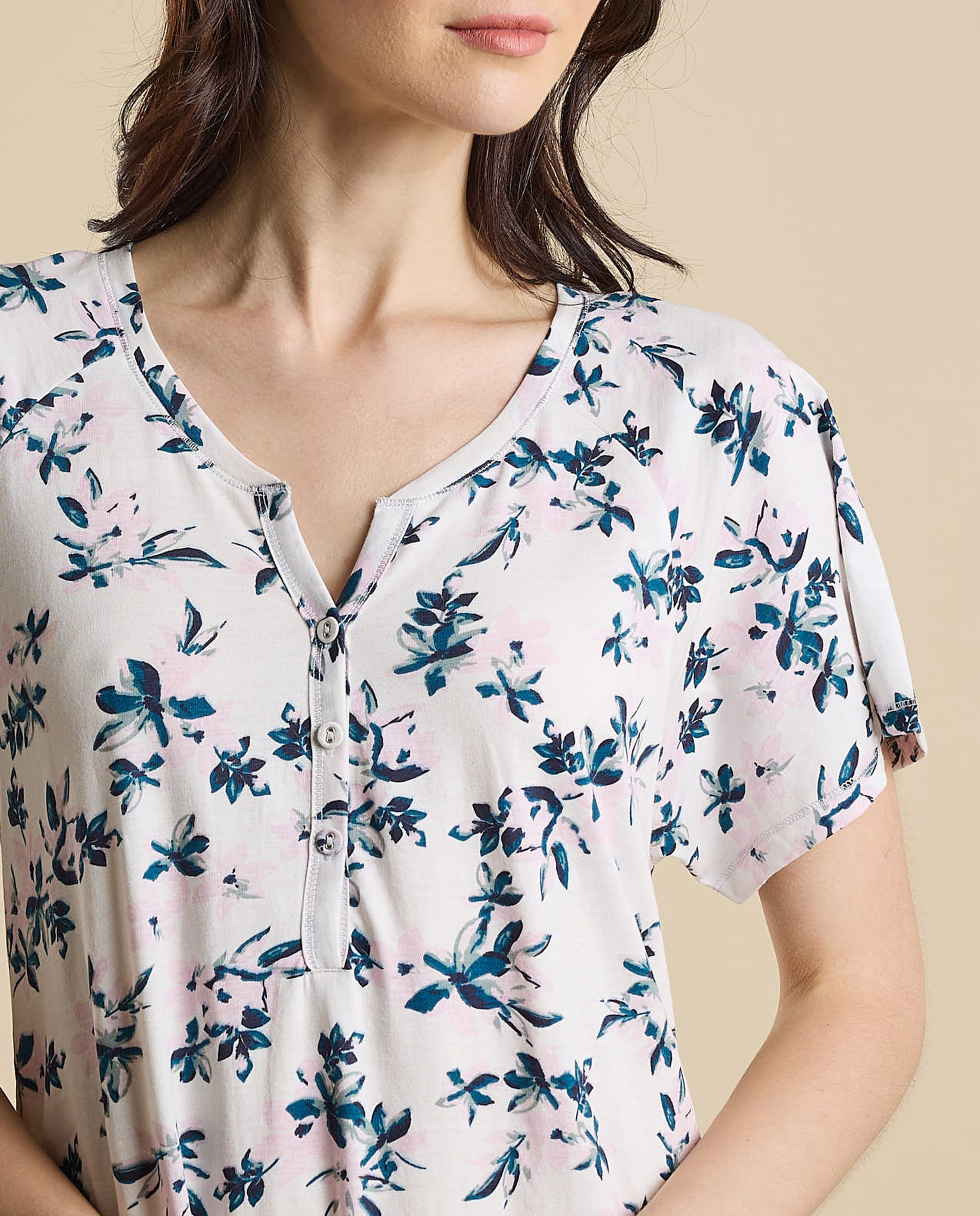 Printed Nightdress with Split Neck and Short Sleeves