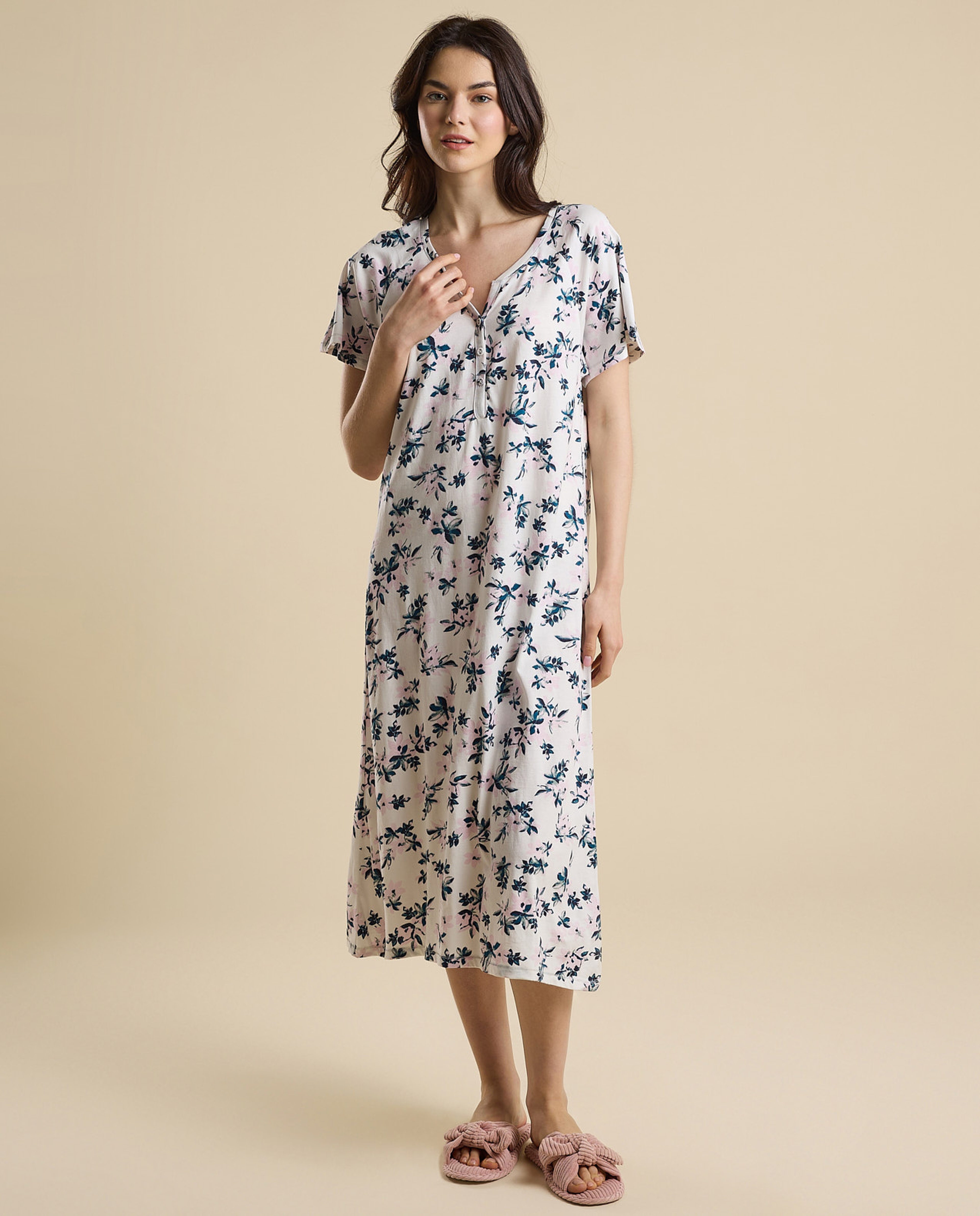Printed Nightdress with Split Neck and Short Sleeves