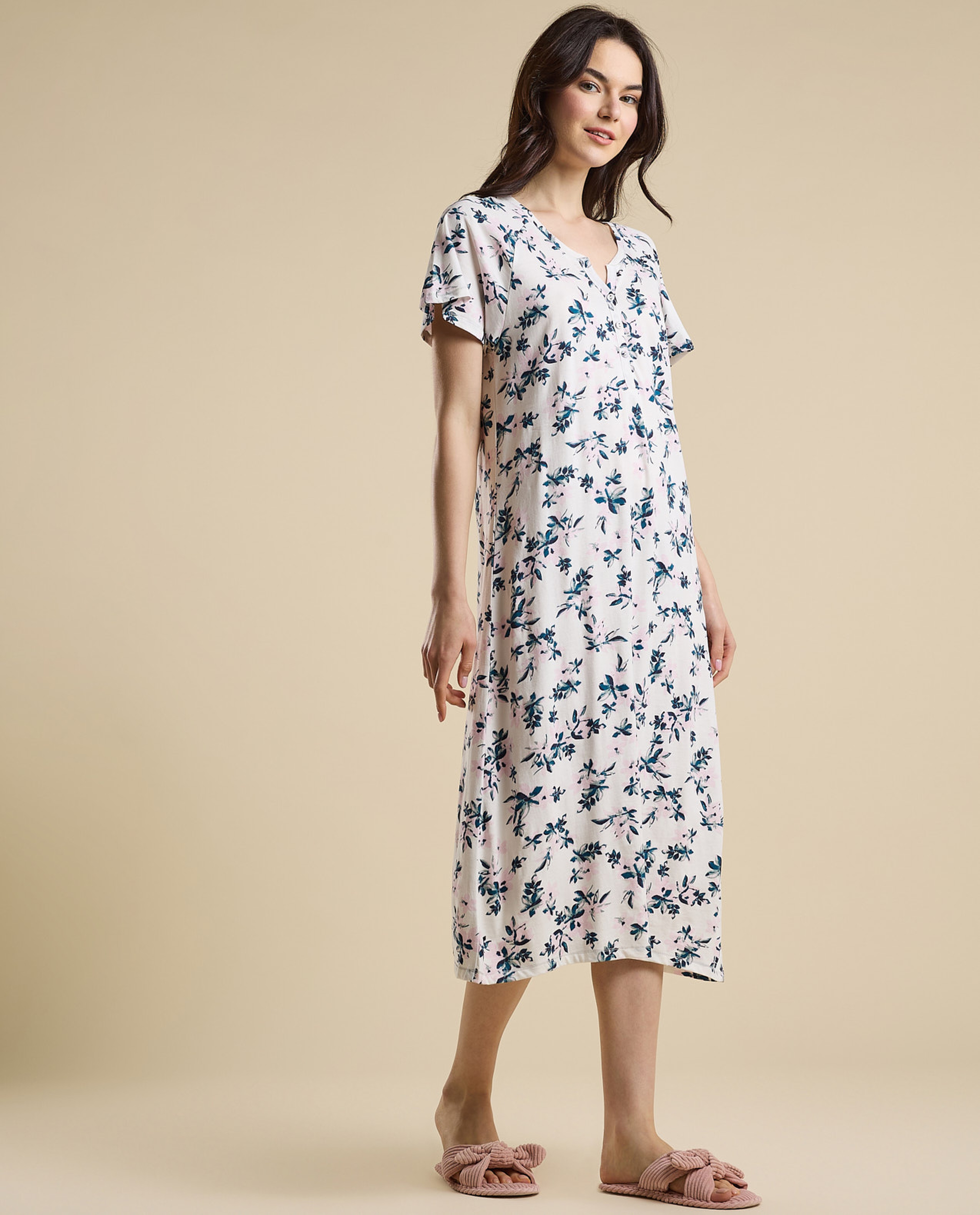 Printed Nightdress with Split Neck and Short Sleeves