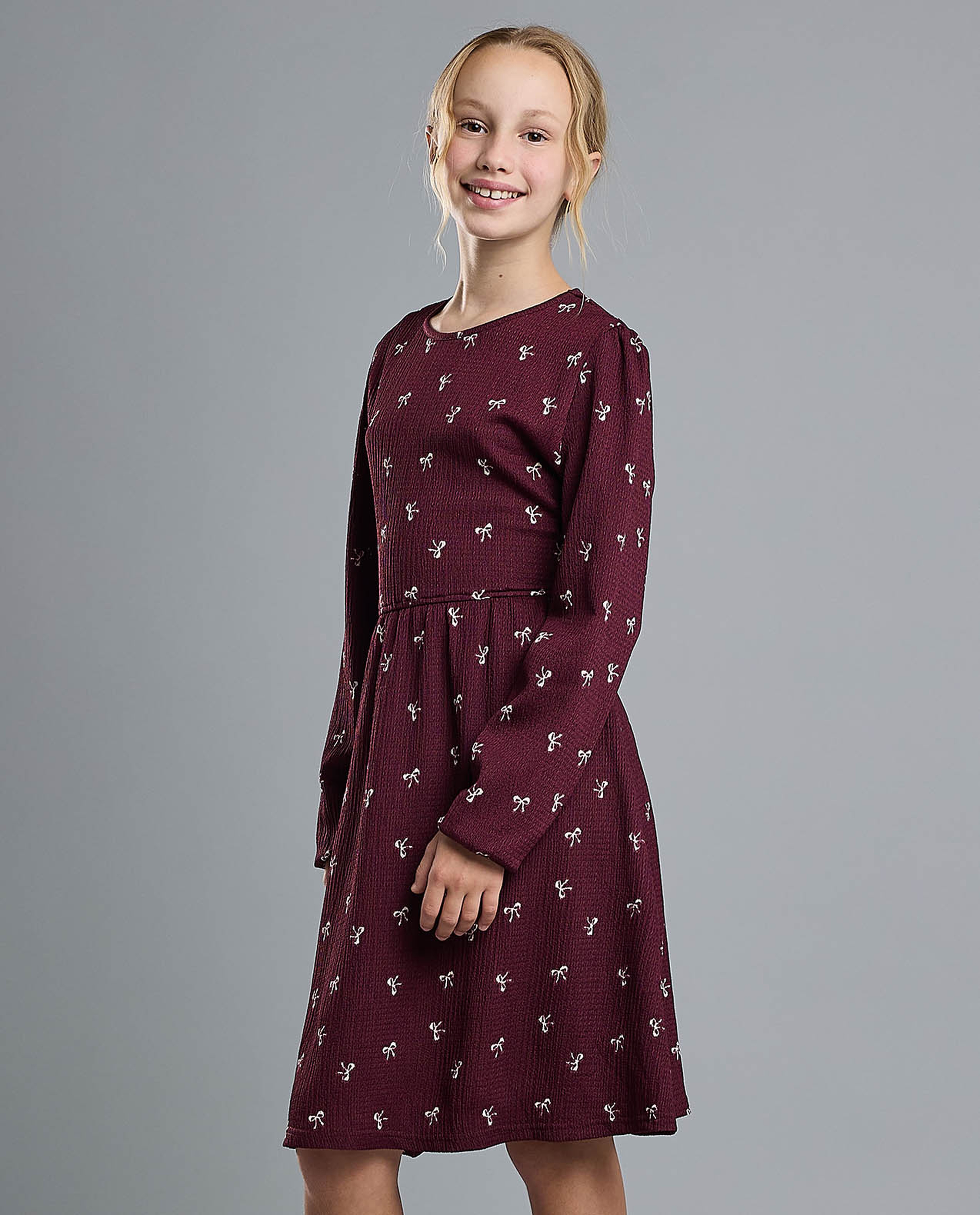 Printed Flared Dress with Crew Neck and Long Sleeves