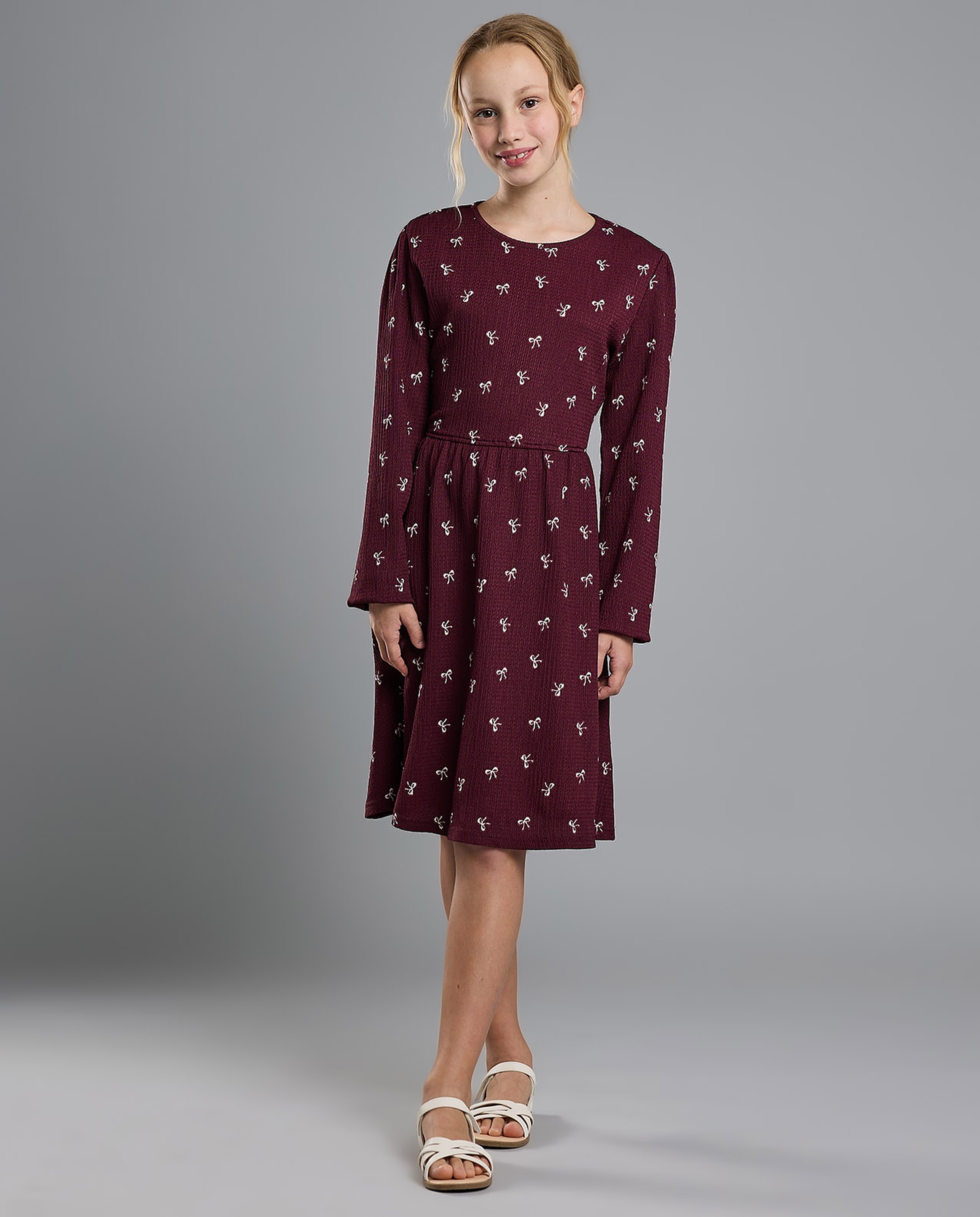 Printed Flared Dress with Crew Neck and Long Sleeves