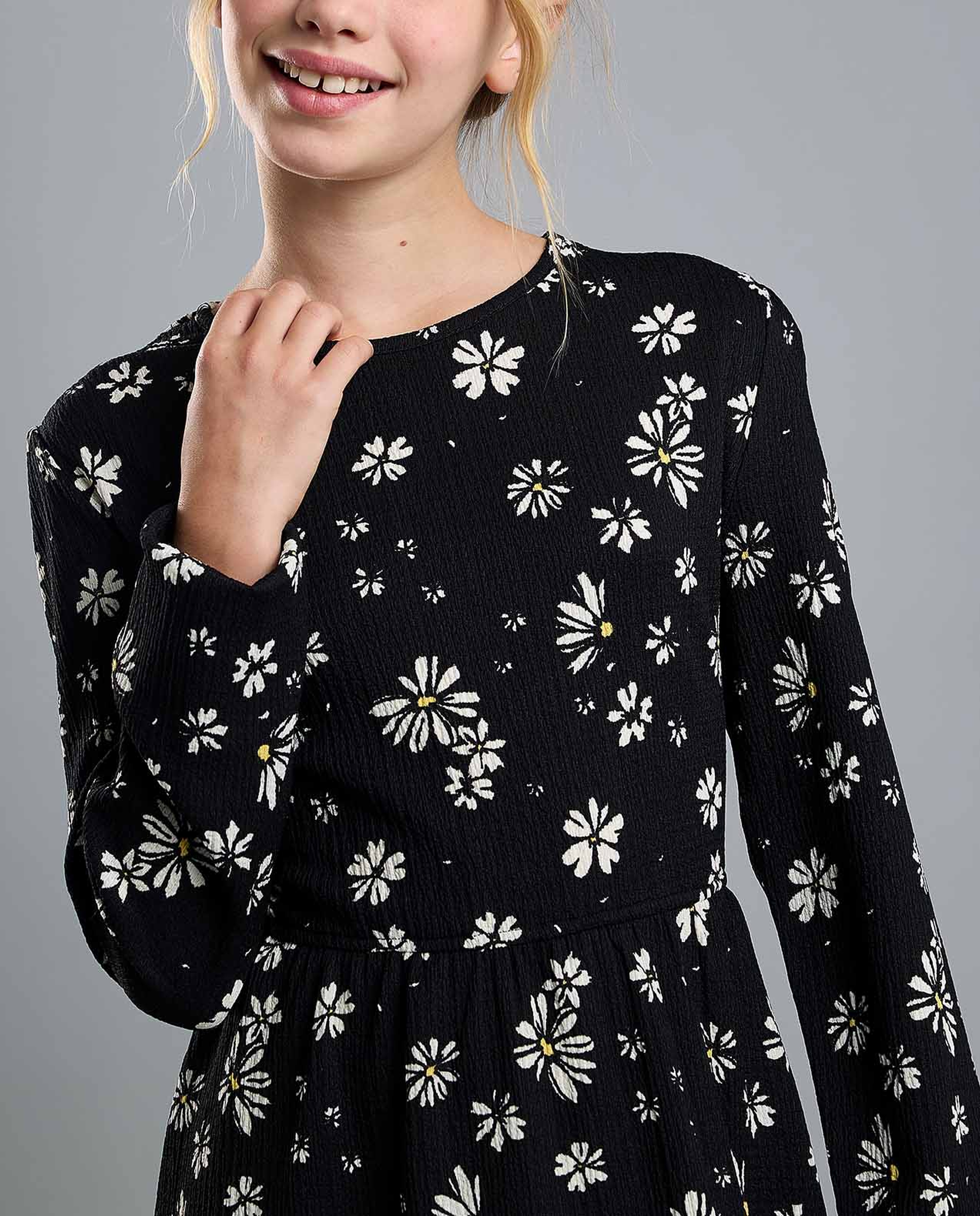 Printed Flared Dress with Crew Neck and Long Sleeves