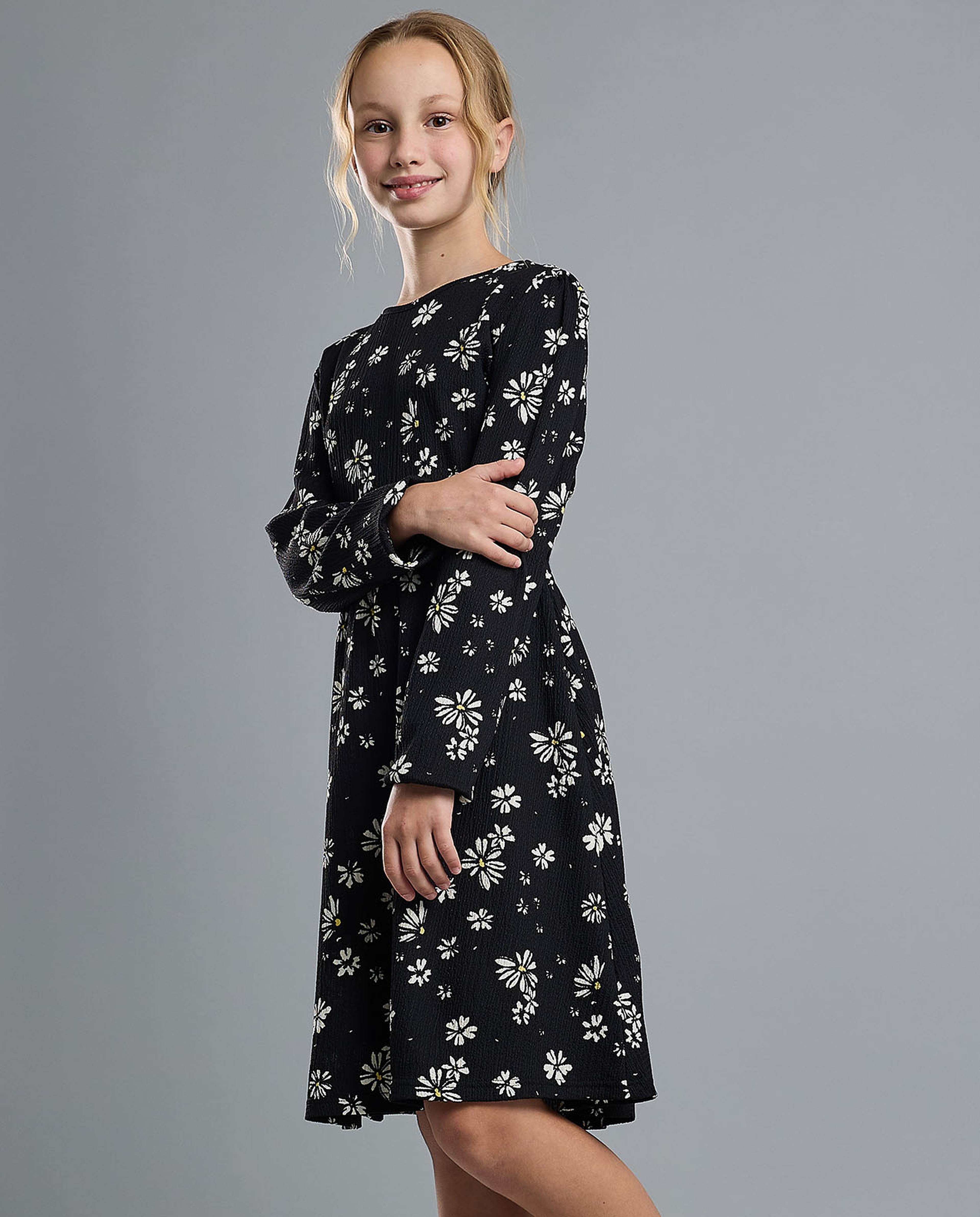 Printed Flared Dress with Crew Neck and Long Sleeves