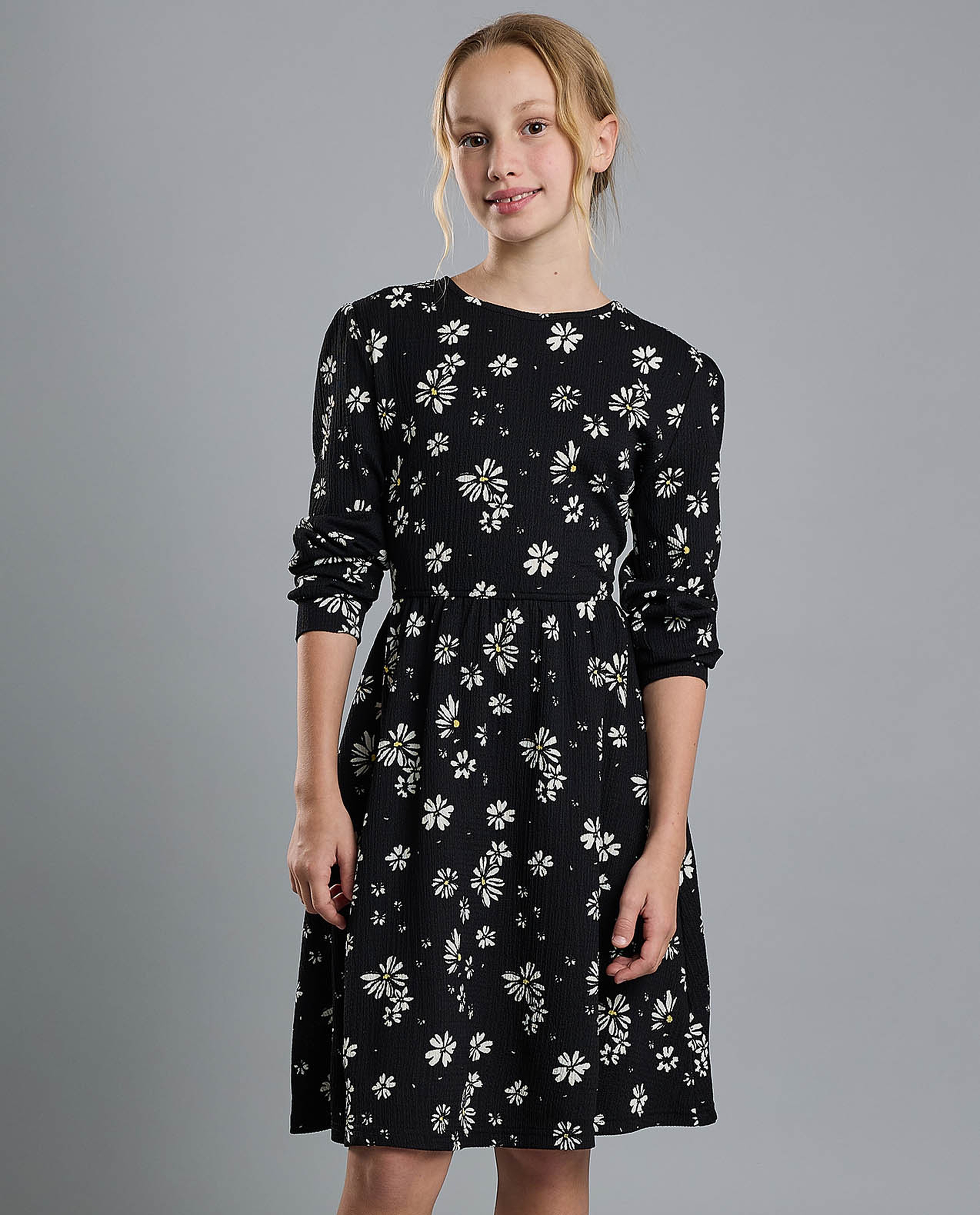 Printed Flared Dress with Crew Neck and Long Sleeves