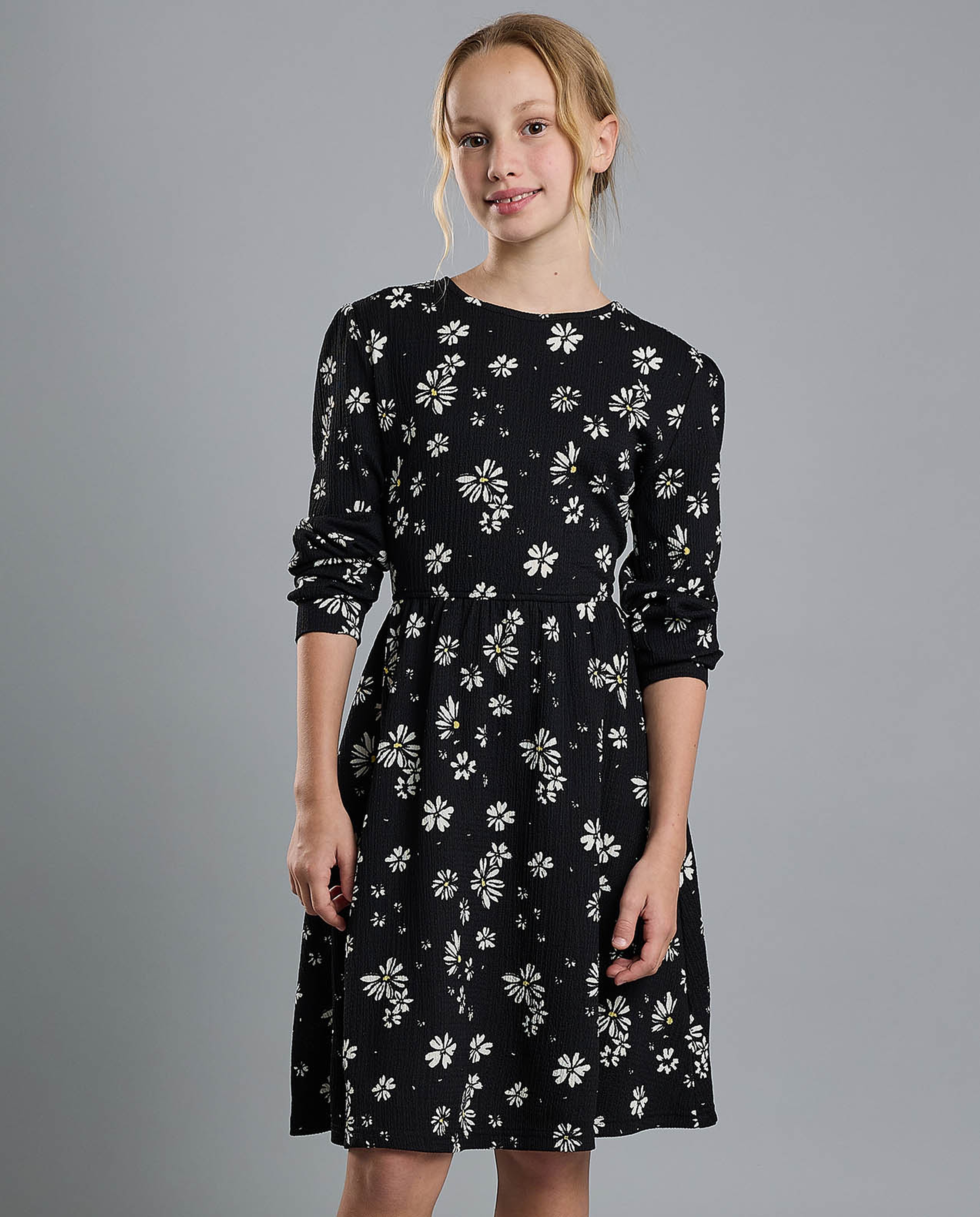 Printed Flared Dress with Crew Neck and Long Sleeves