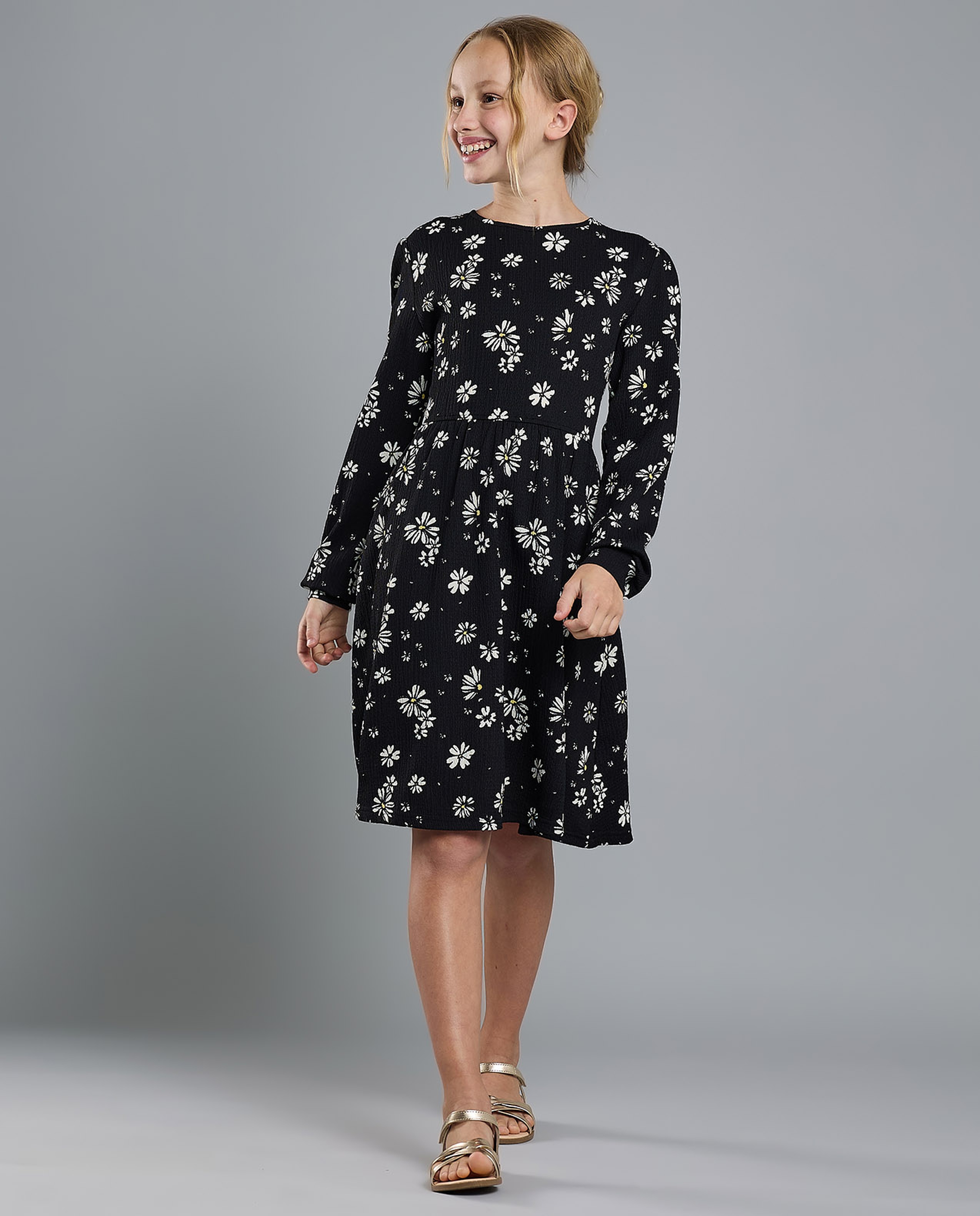 Printed Flared Dress with Crew Neck and Long Sleeves